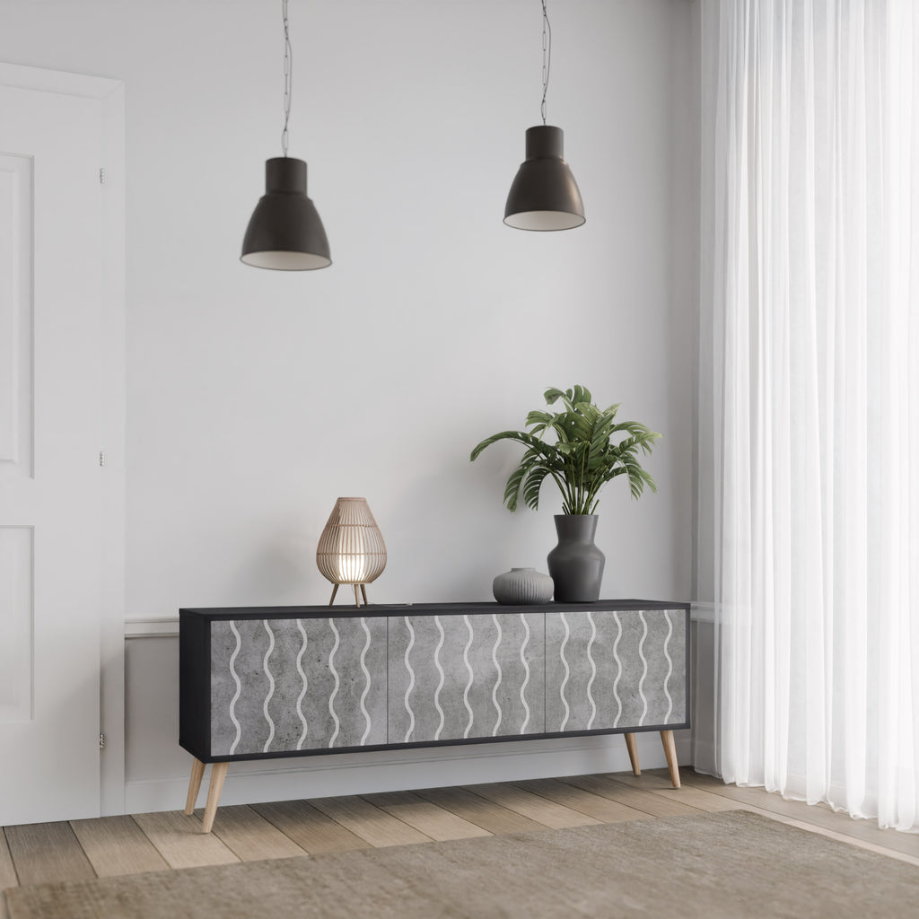 Mueble de TV de 3 puertas WAVES OF CONCRETE con acabado negro