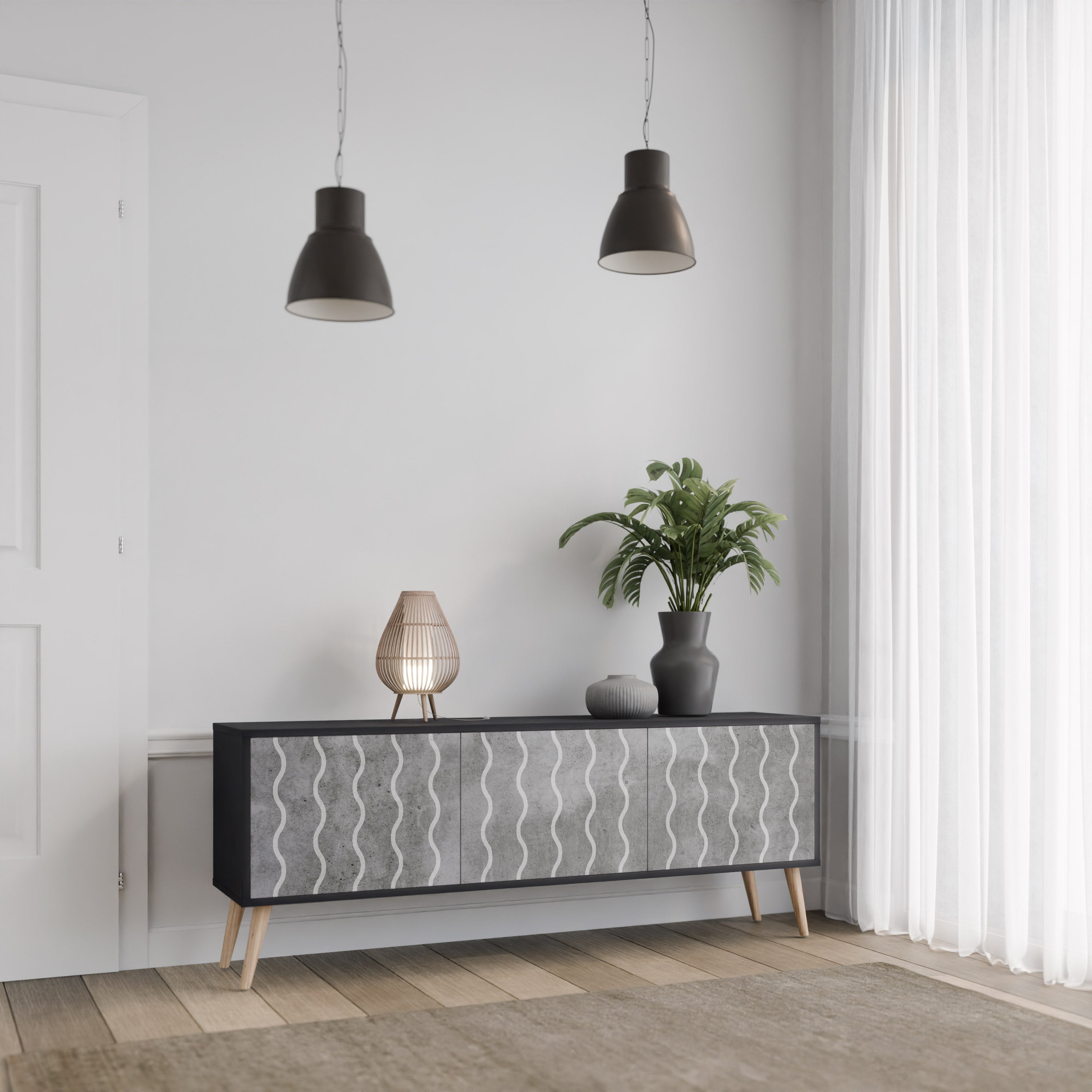 Mueble de TV de 3 puertas WAVES OF CONCRETE con acabado negro