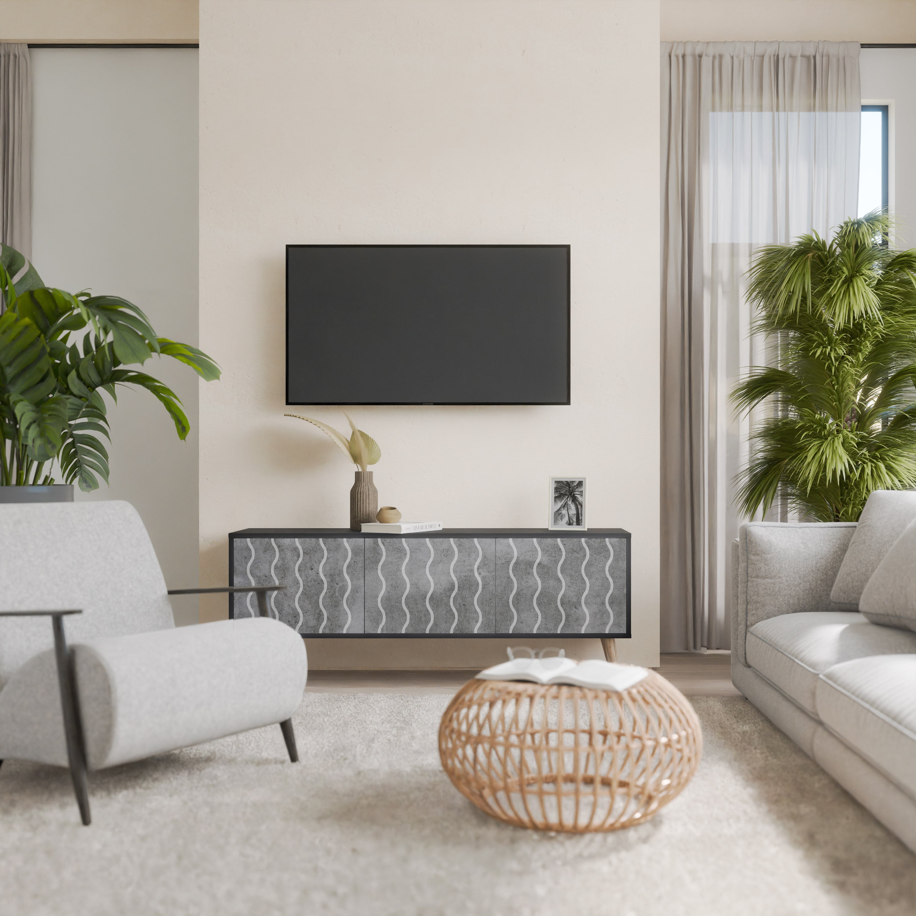 Mueble de TV de 3 puertas WAVES OF CONCRETE con acabado negro