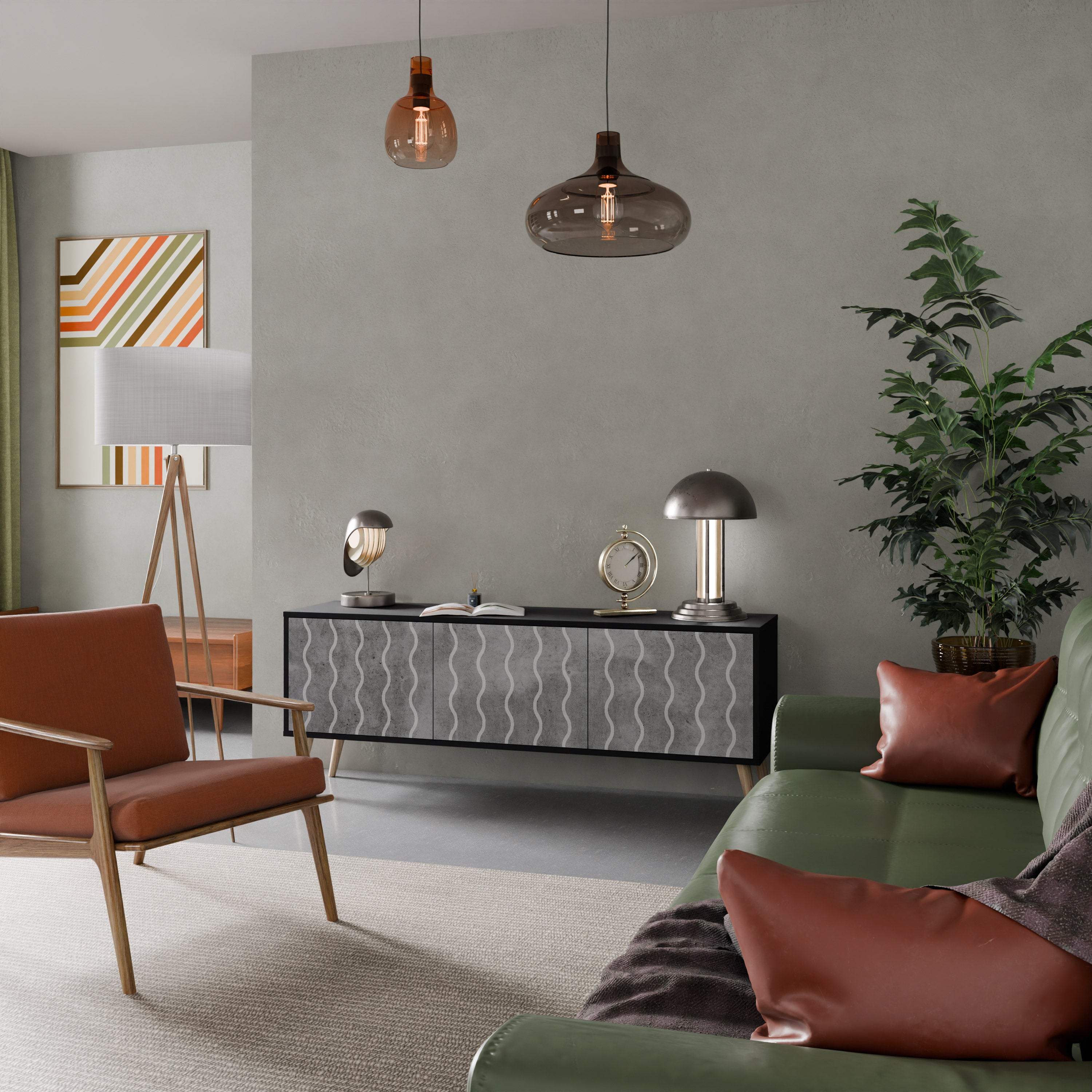 Mueble de TV de 3 puertas WAVES OF CONCRETE con acabado negro