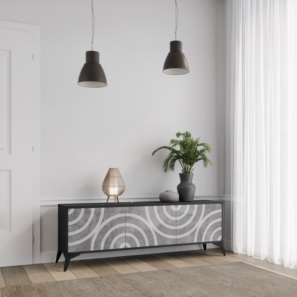 Mueble de TV de 3 puertas CIRCLE CONCRETE con acabado negro