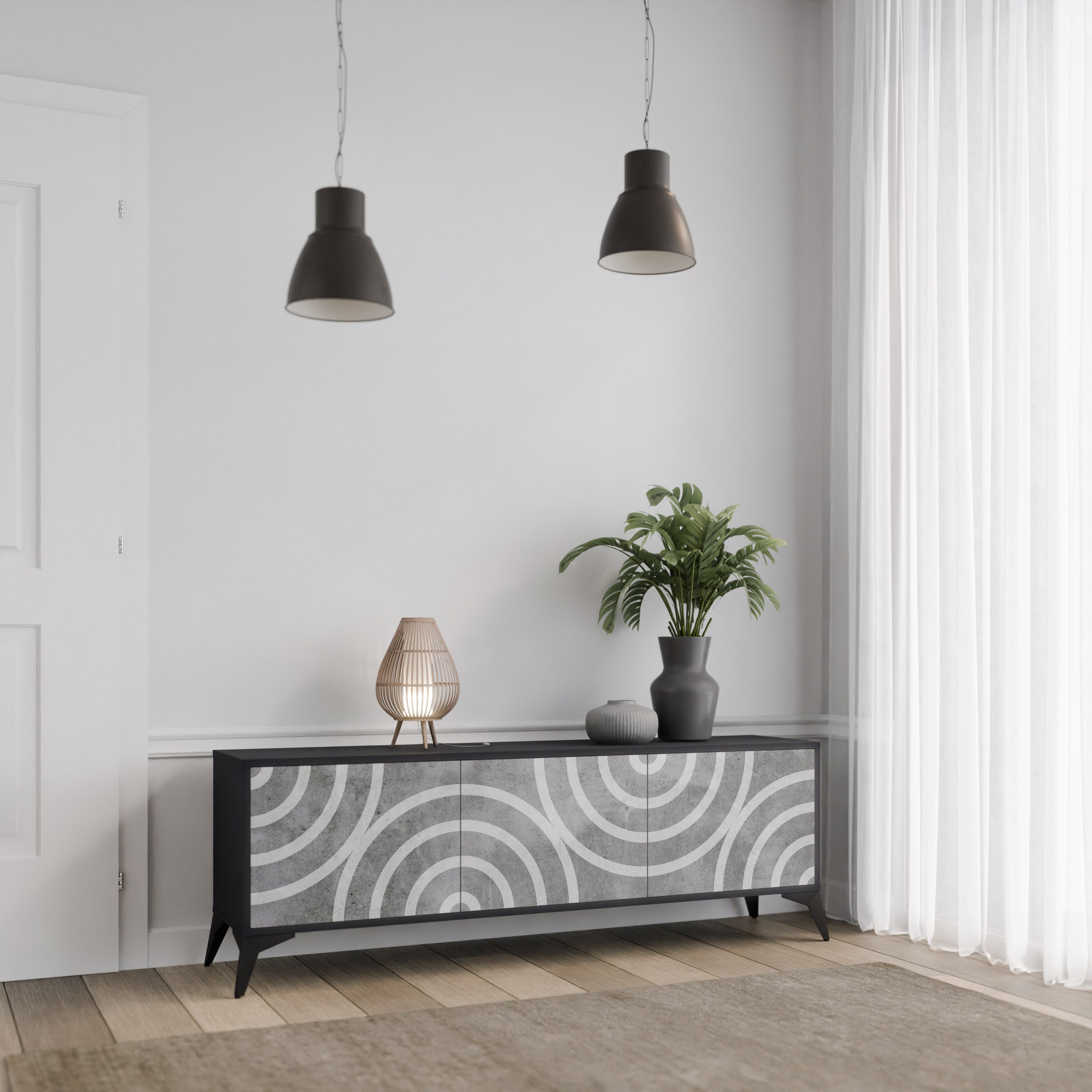Mueble de TV de 3 puertas CIRCLE CONCRETE con acabado negro