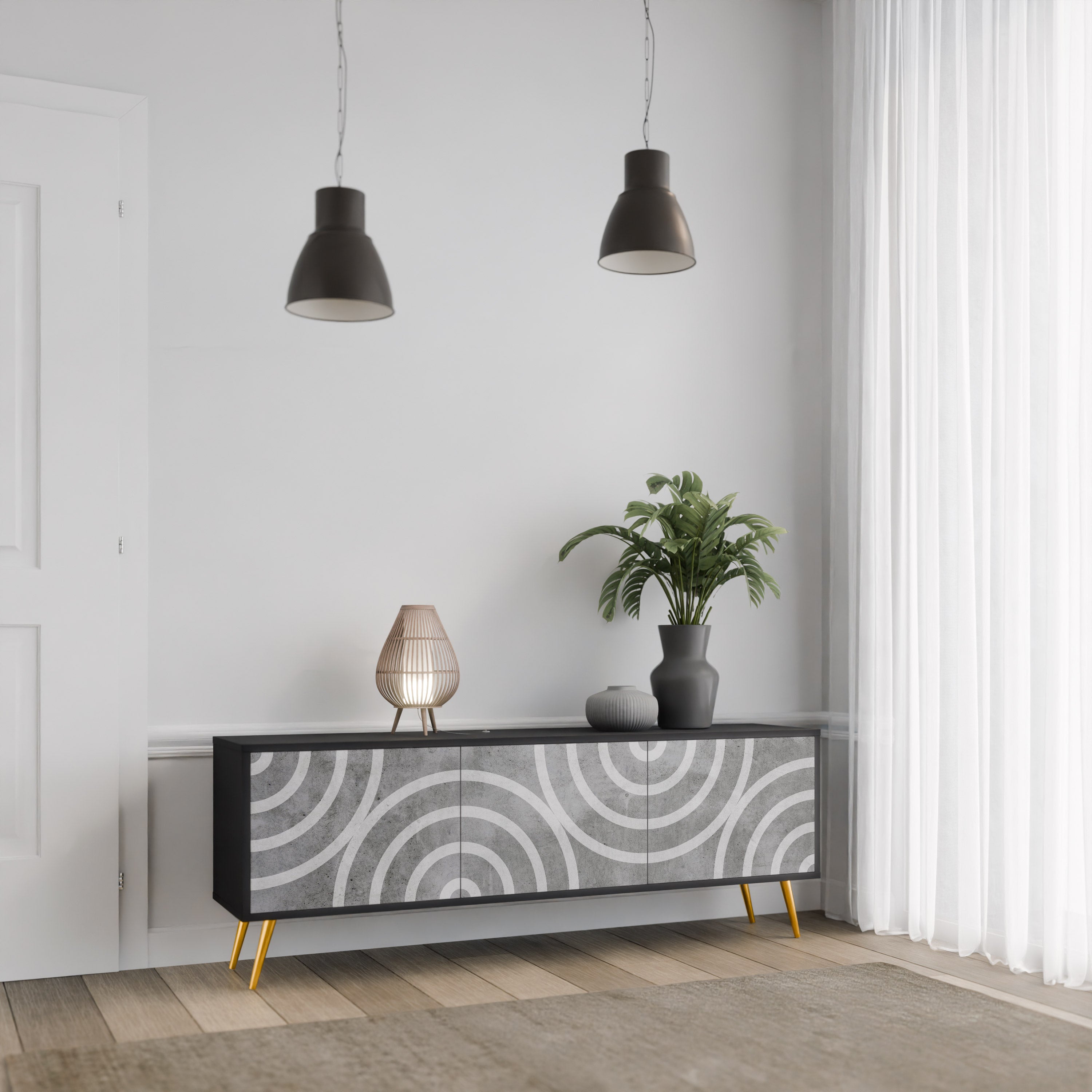 Mueble de TV de 3 puertas CIRCLE CONCRETE con acabado negro