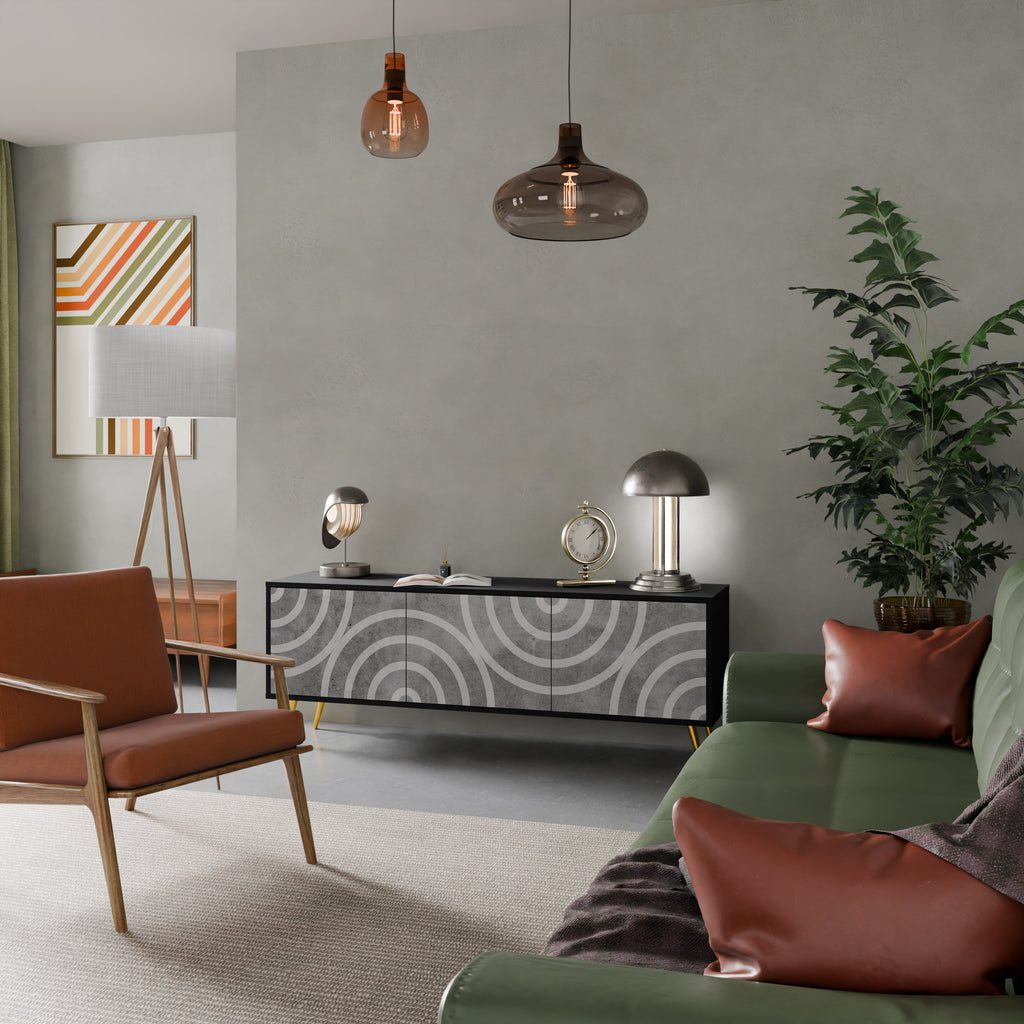 Mueble de TV de 3 puertas CIRCLE CONCRETE con acabado negro