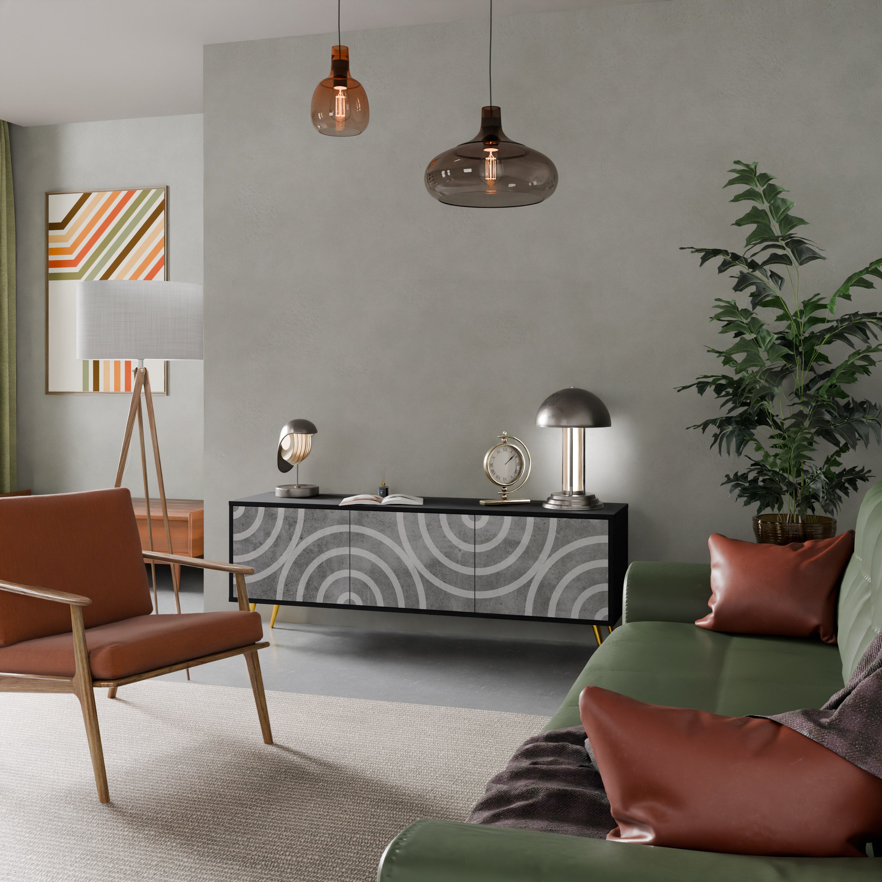 Mueble de TV de 3 puertas CIRCLE CONCRETE con acabado negro