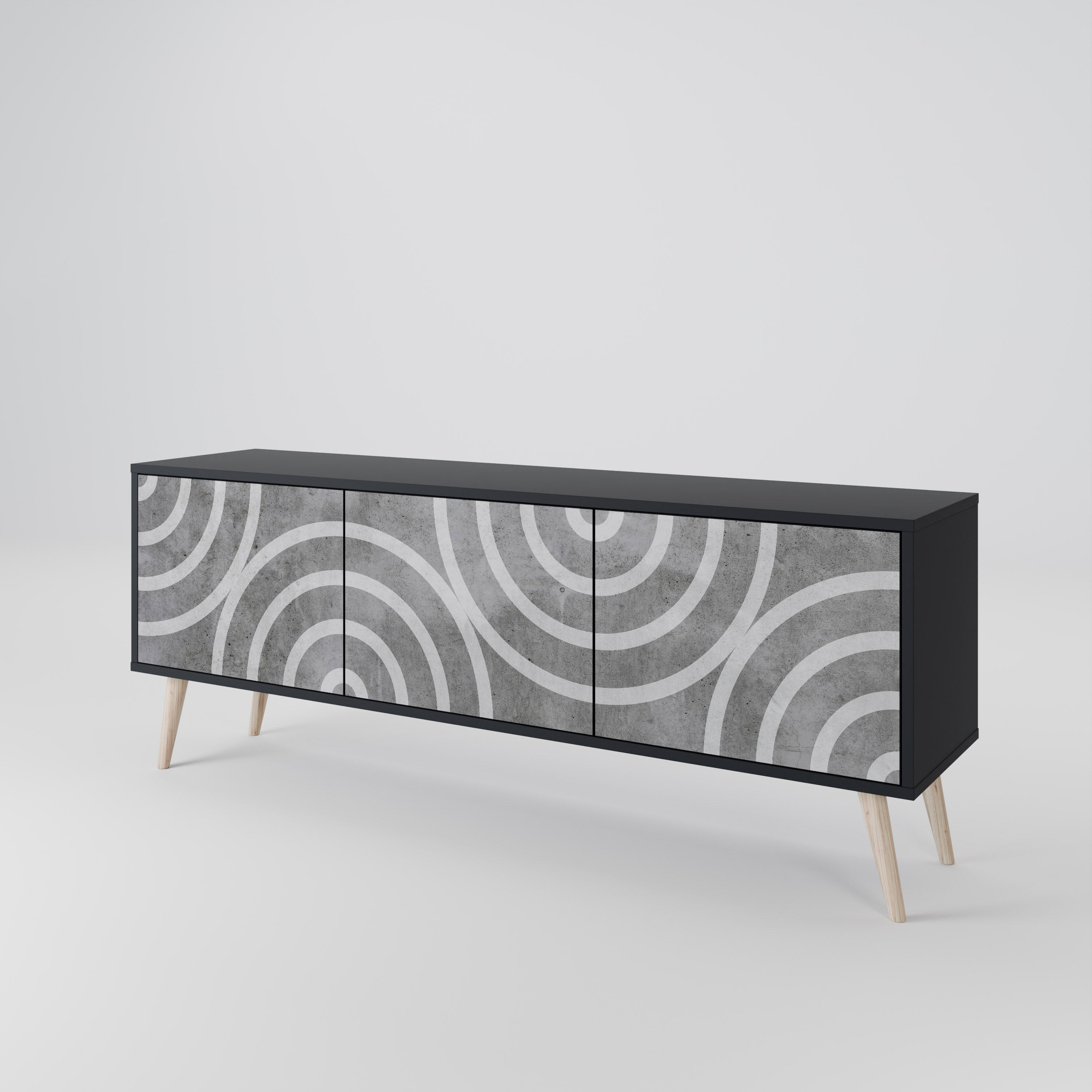 Mueble de TV de 3 puertas CIRCLE CONCRETE con acabado negro