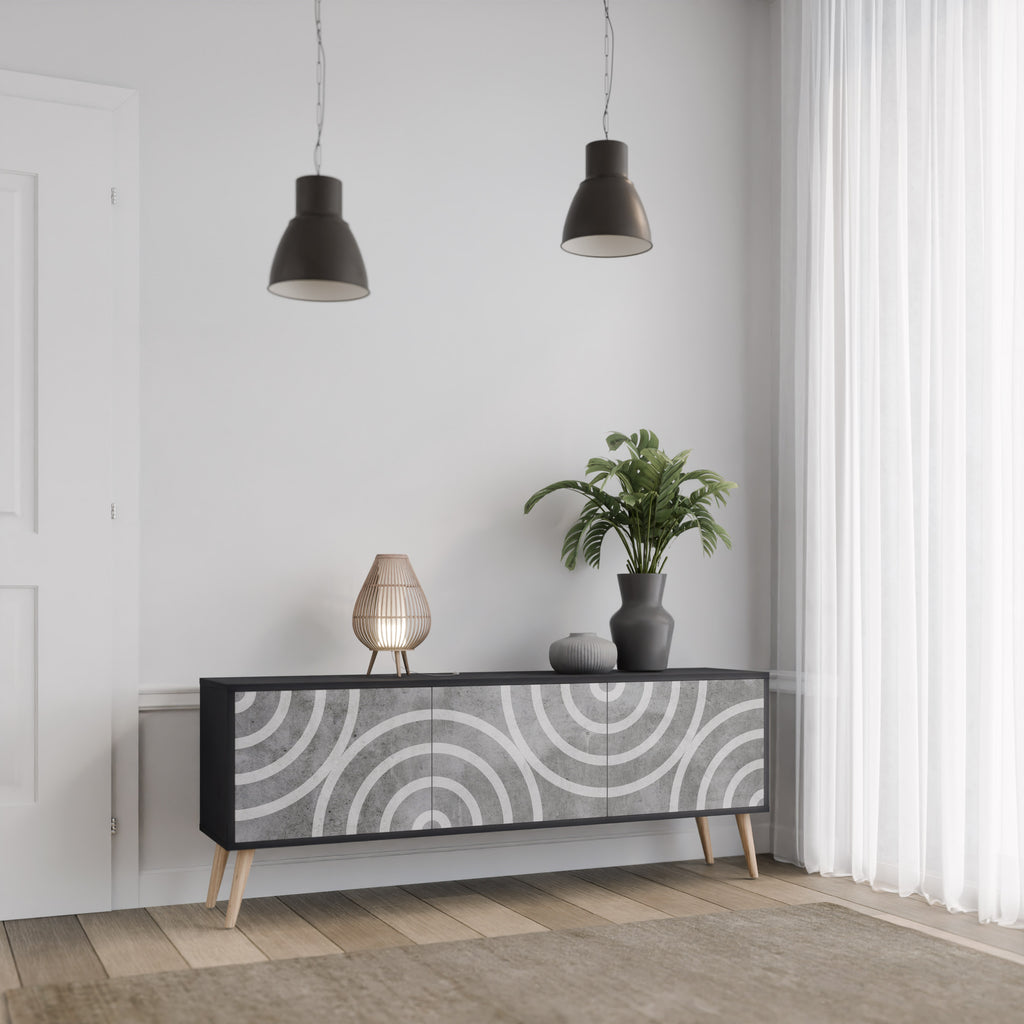 Mueble de TV de 3 puertas CIRCLE CONCRETE con acabado negro