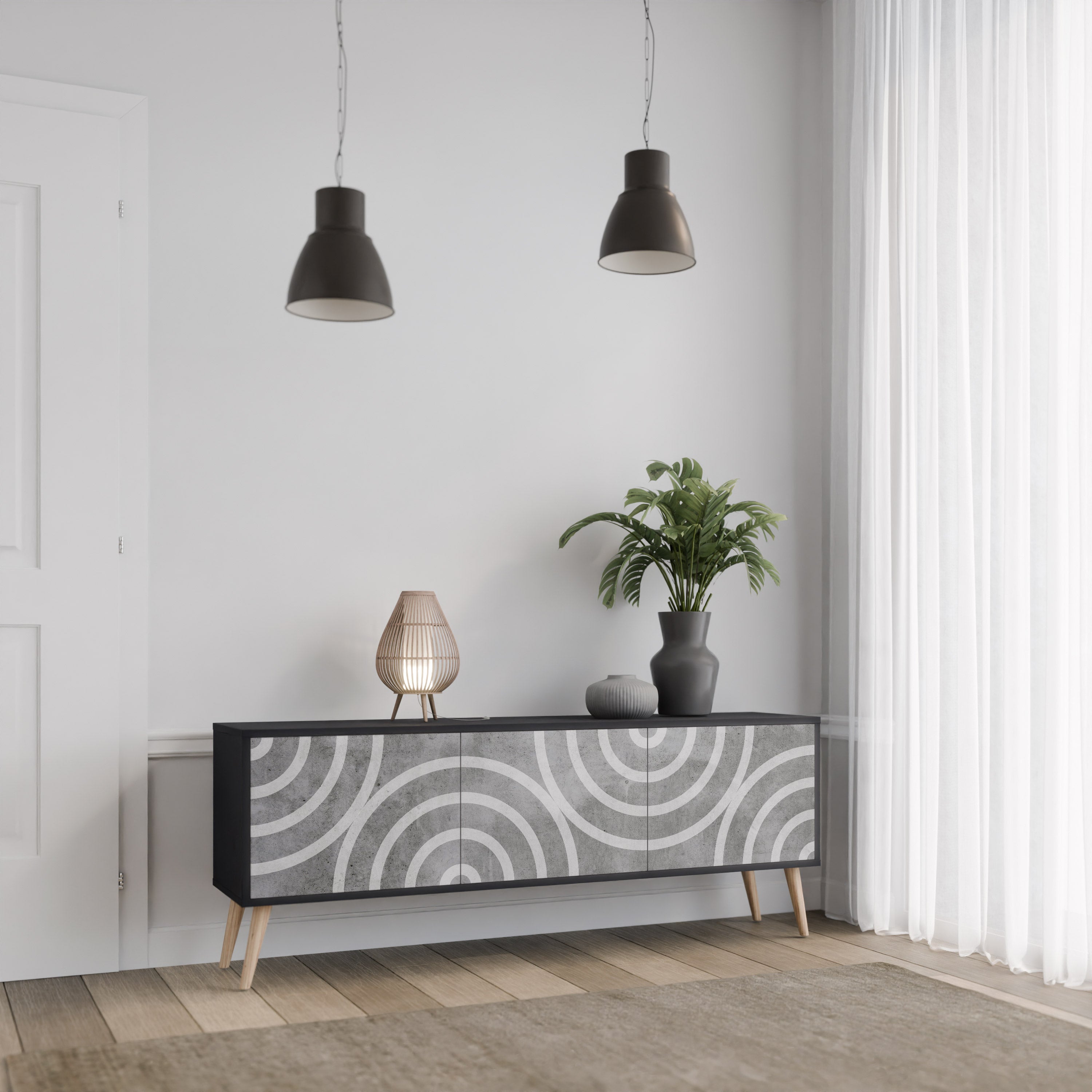 Mueble de TV de 3 puertas CIRCLE CONCRETE con acabado negro