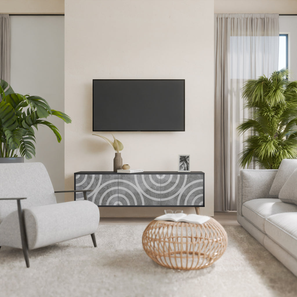 Mueble de TV de 3 puertas CIRCLE CONCRETE con acabado negro