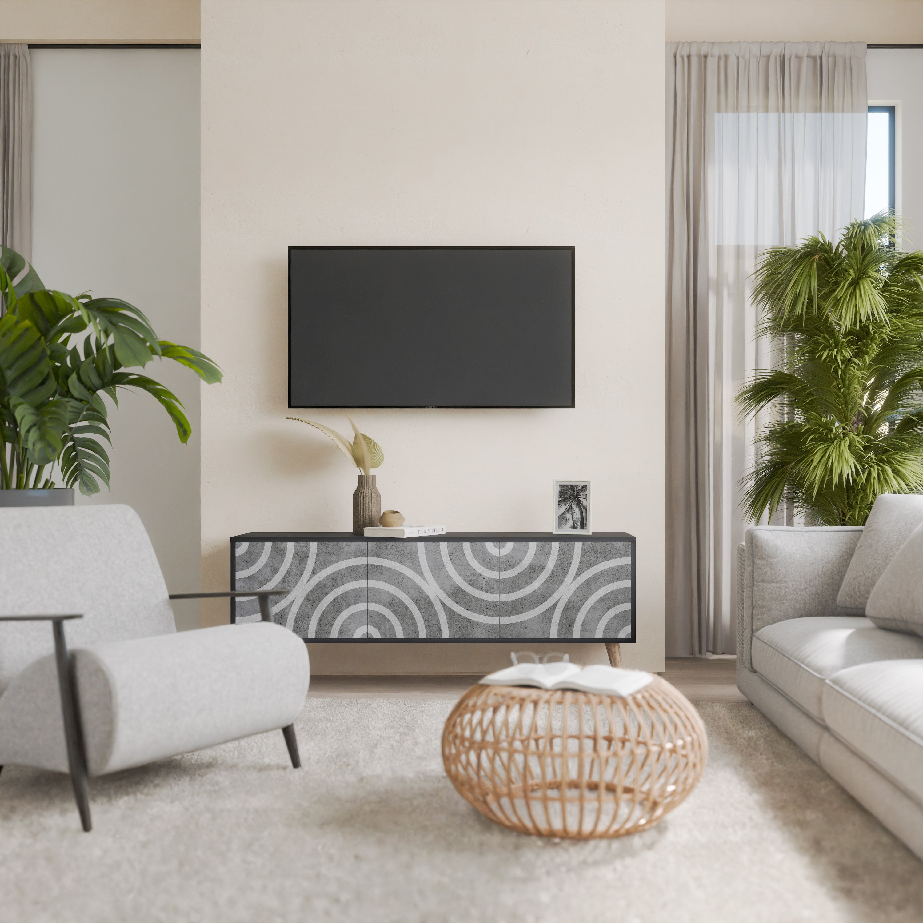 Mueble de TV de 3 puertas CIRCLE CONCRETE con acabado negro