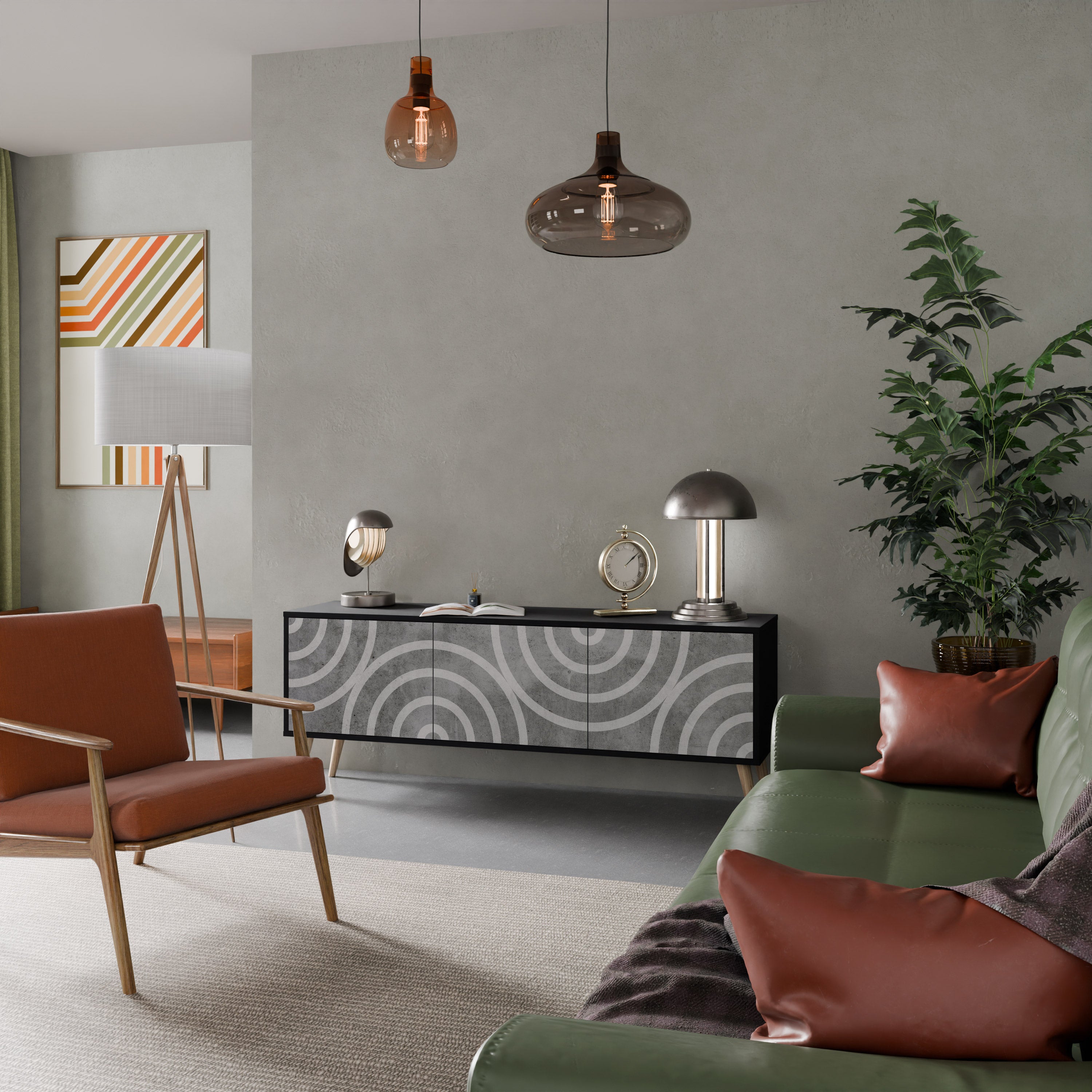 Mueble de TV de 3 puertas CIRCLE CONCRETE con acabado negro
