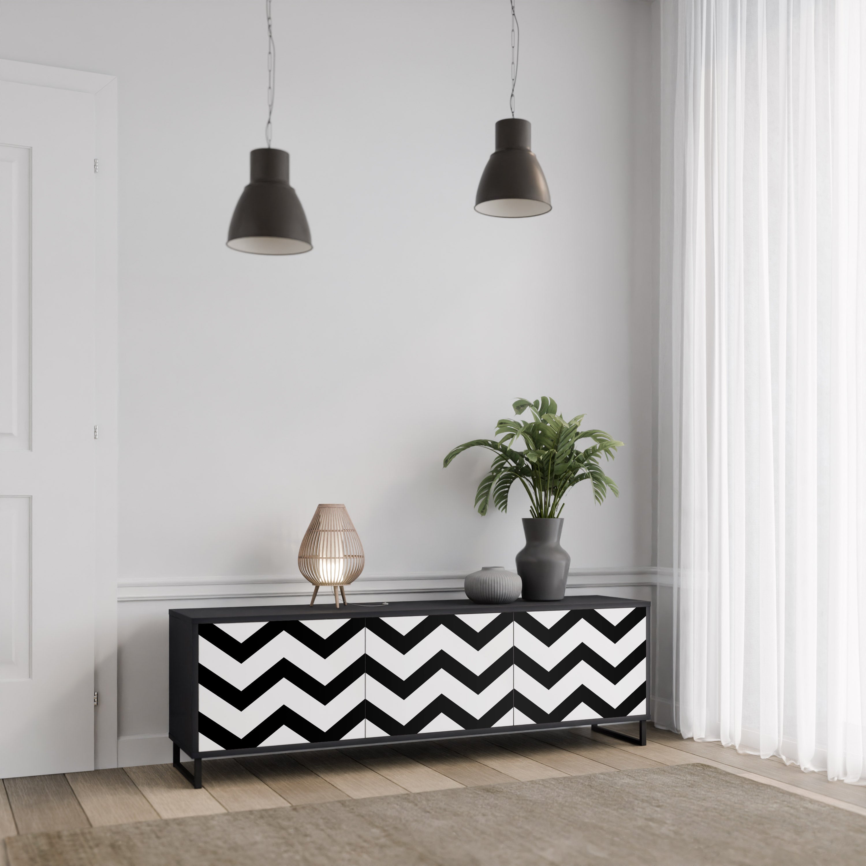 Mueble de TV CLASSIC ZIG ZAG de 3 puertas con acabado negro