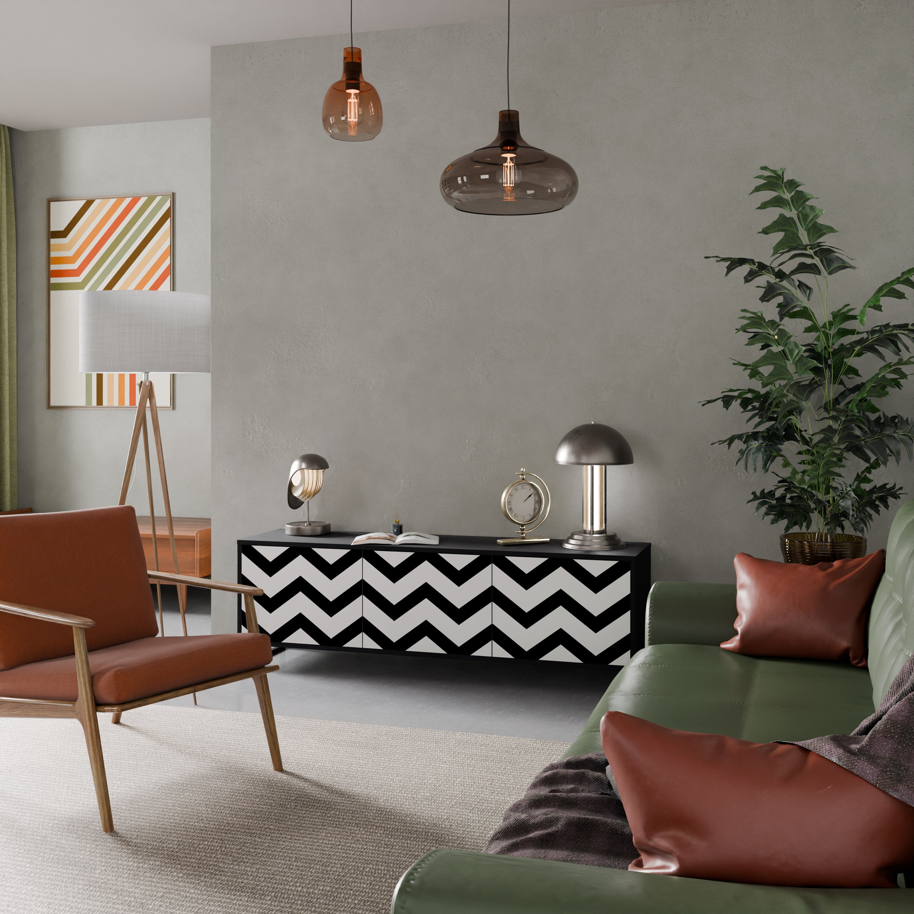 Mueble de TV CLASSIC ZIG ZAG de 3 puertas con acabado negro