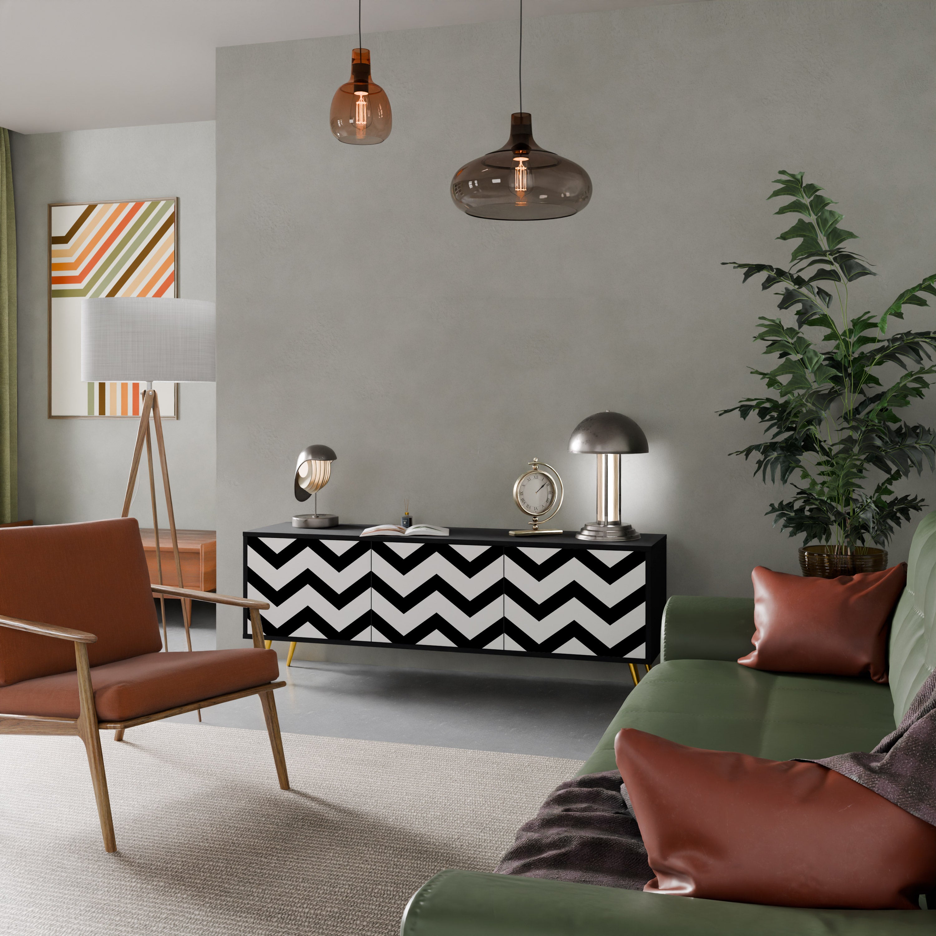 Mueble de TV CLASSIC ZIG ZAG de 3 puertas con acabado negro