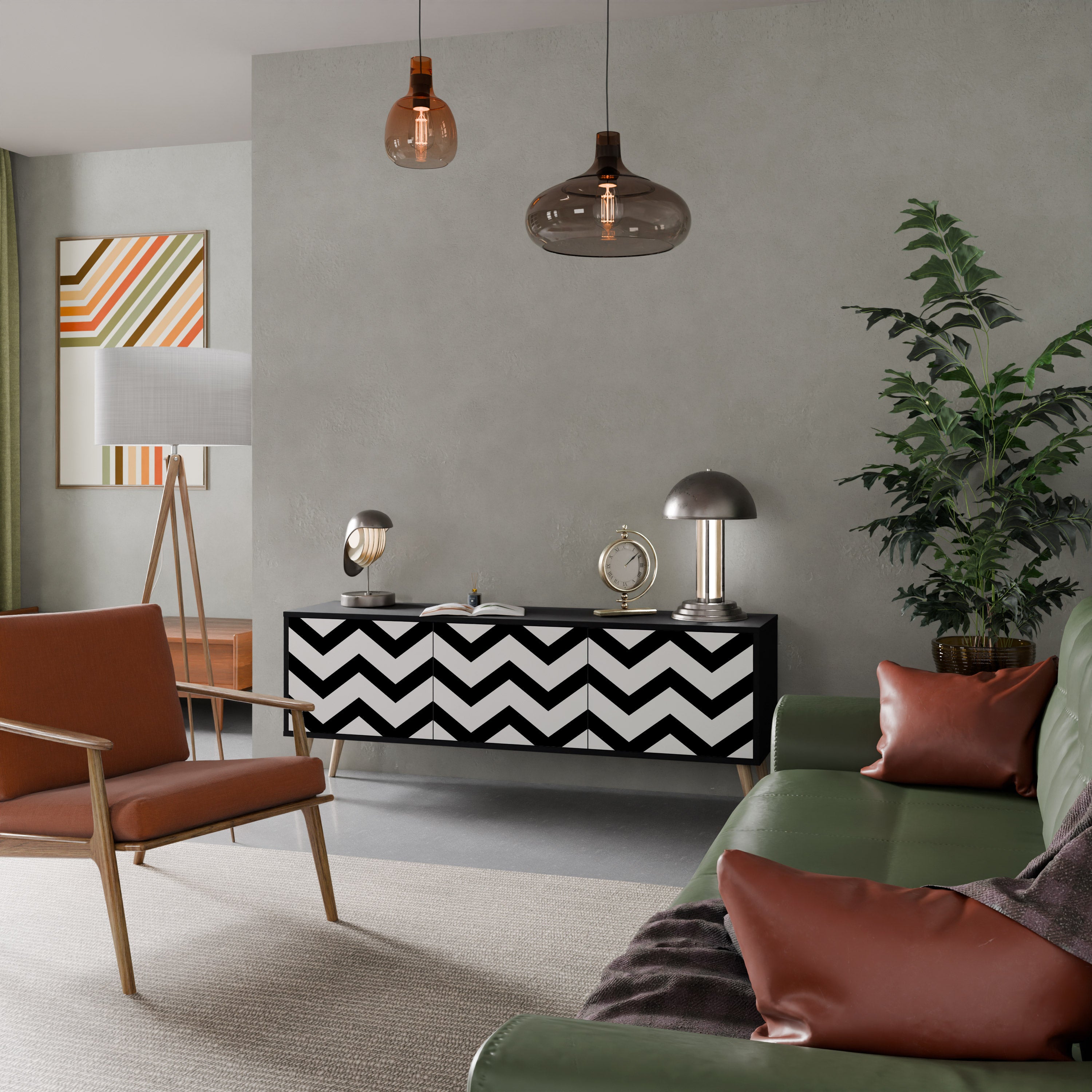 Mueble de TV CLASSIC ZIG ZAG de 3 puertas con acabado negro