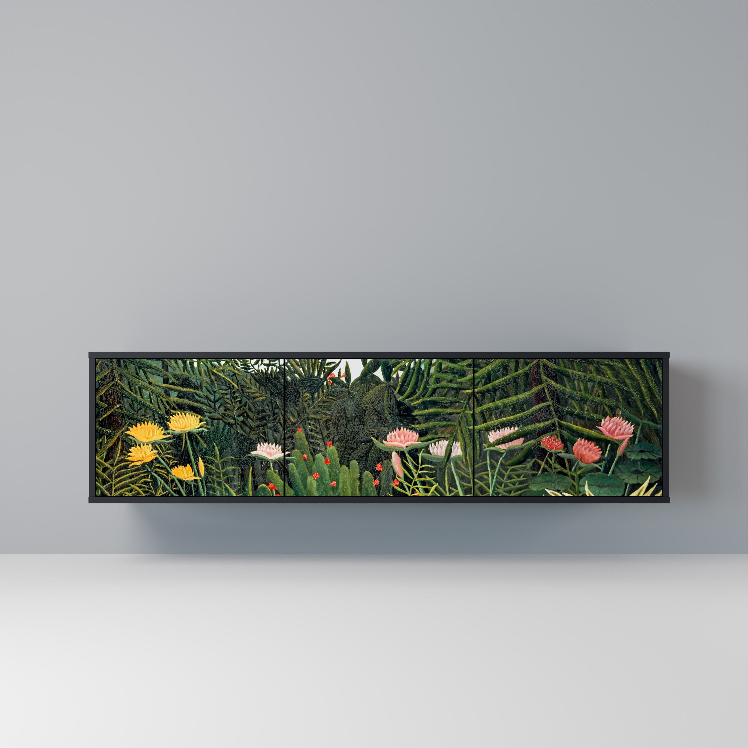 Mueble de TV de 3 puertas VIRGIN FOREST WITH SUNSET en acabado negro