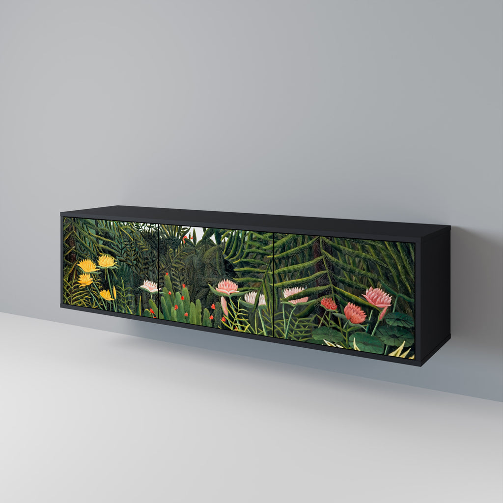 Mueble de TV de 3 puertas VIRGIN FOREST WITH SUNSET en acabado negro