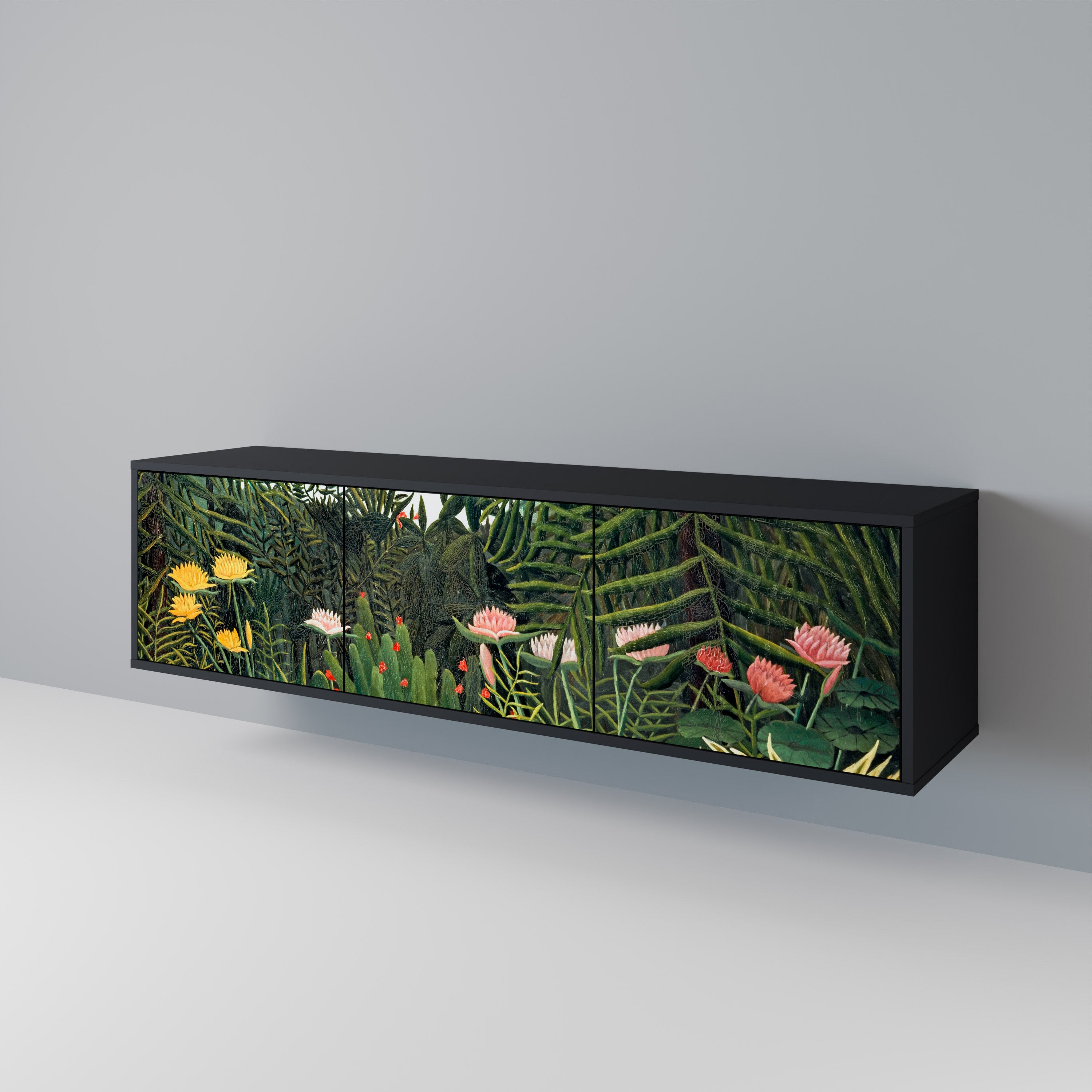Mueble de TV de 3 puertas VIRGIN FOREST WITH SUNSET en acabado negro