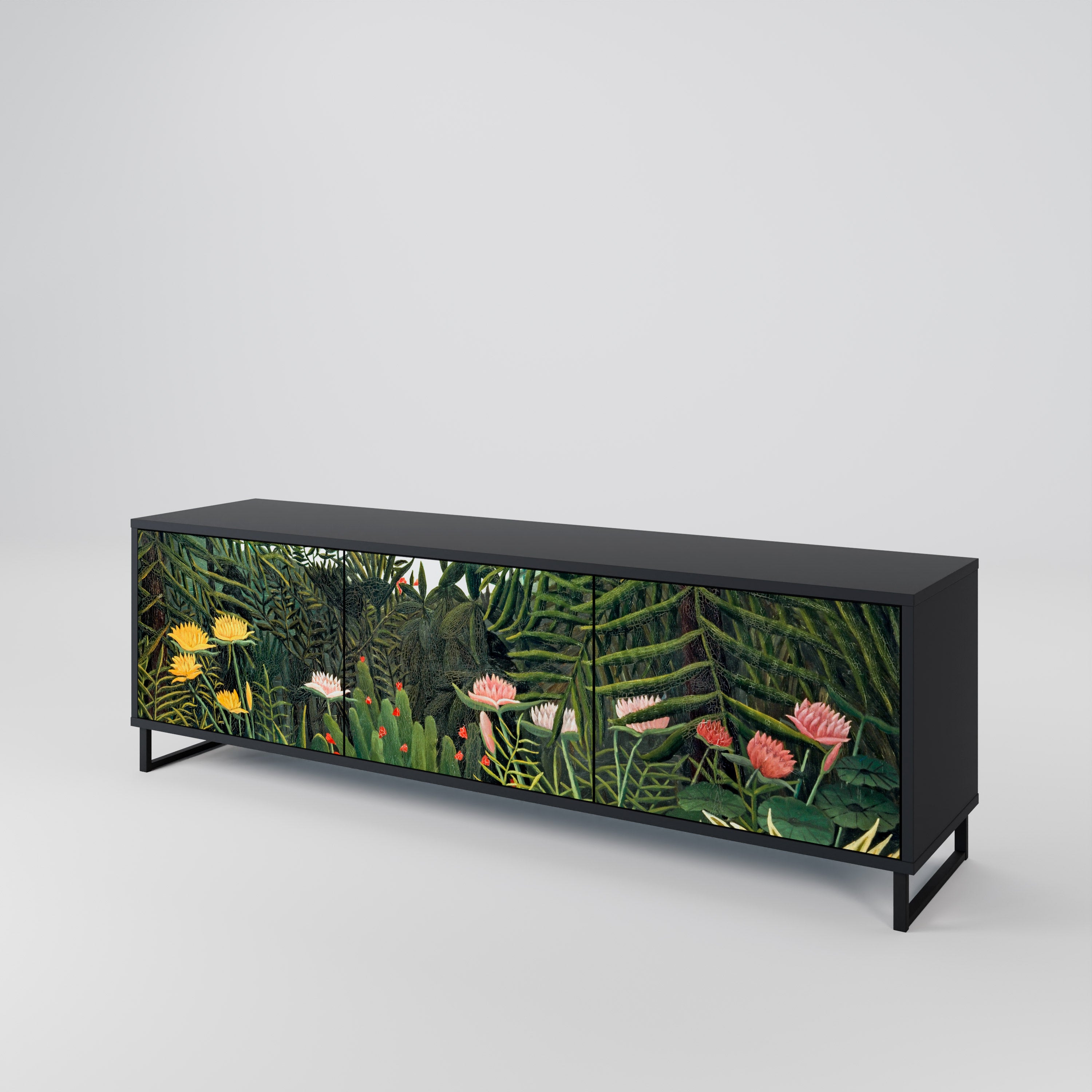 Mueble de TV de 3 puertas VIRGIN FOREST WITH SUNSET en acabado negro