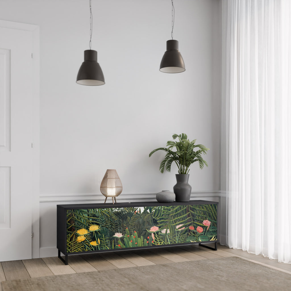 Mueble de TV de 3 puertas VIRGIN FOREST WITH SUNSET en acabado negro