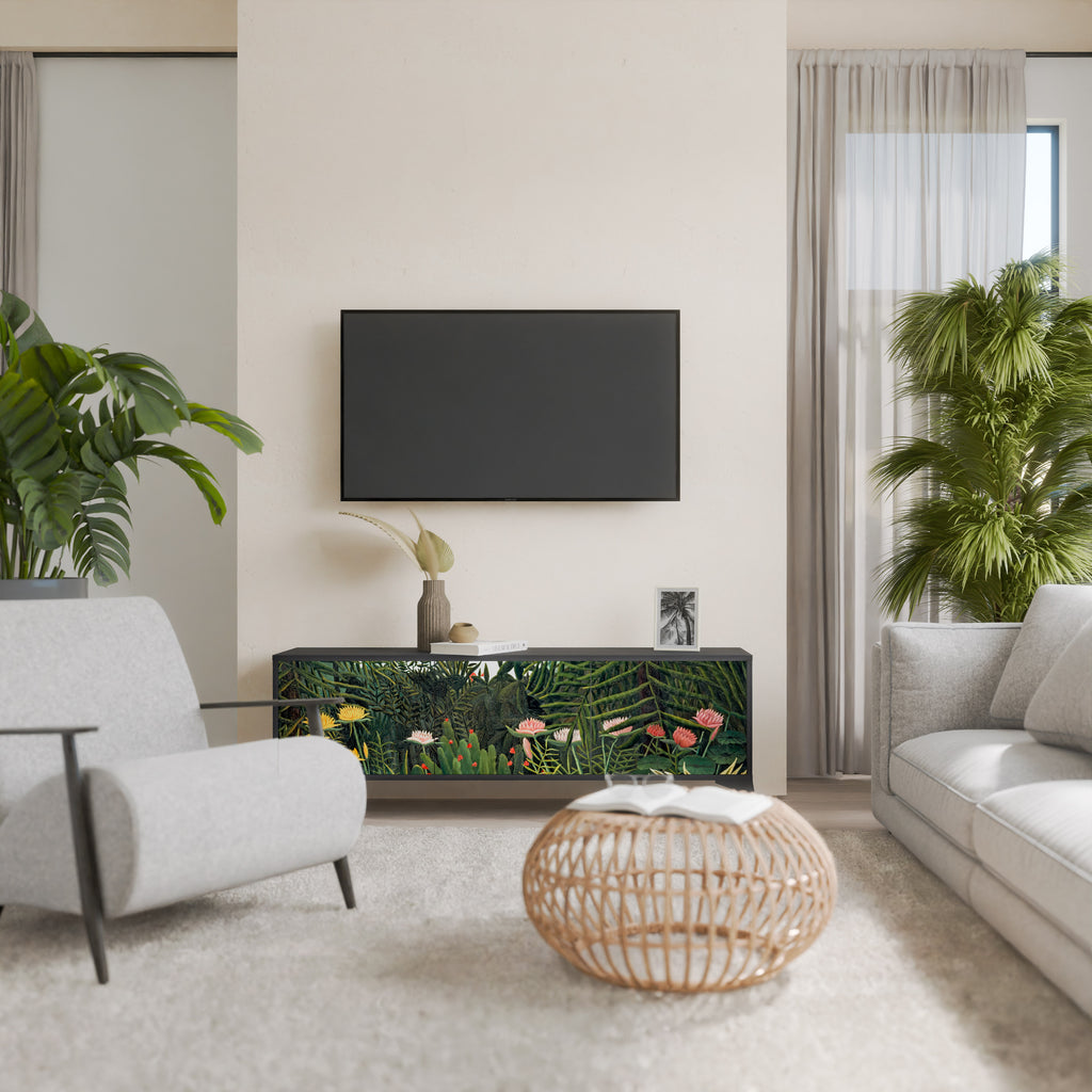 Mueble de TV de 3 puertas VIRGIN FOREST WITH SUNSET en acabado negro