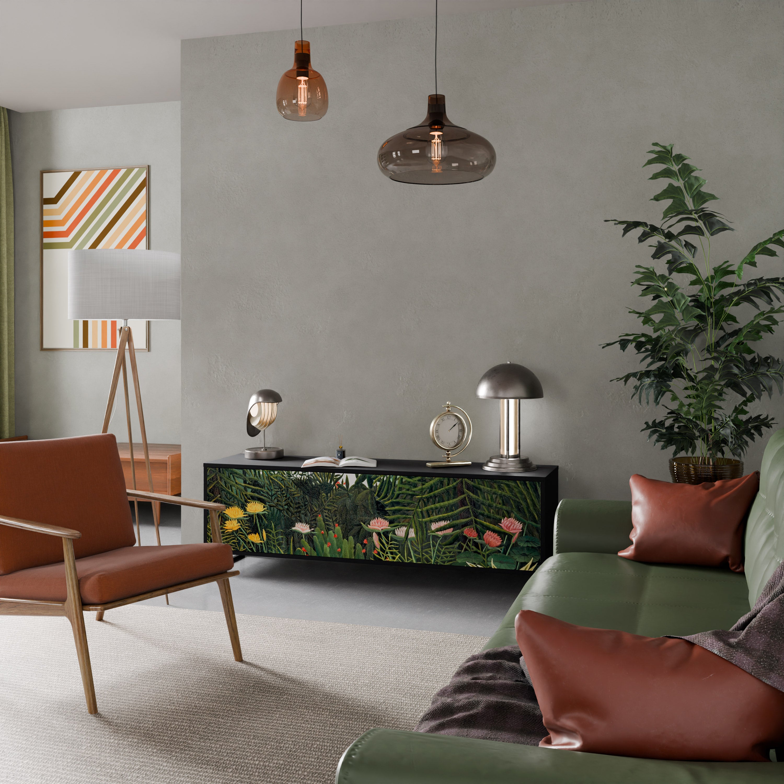 Mueble de TV de 3 puertas VIRGIN FOREST WITH SUNSET en acabado negro