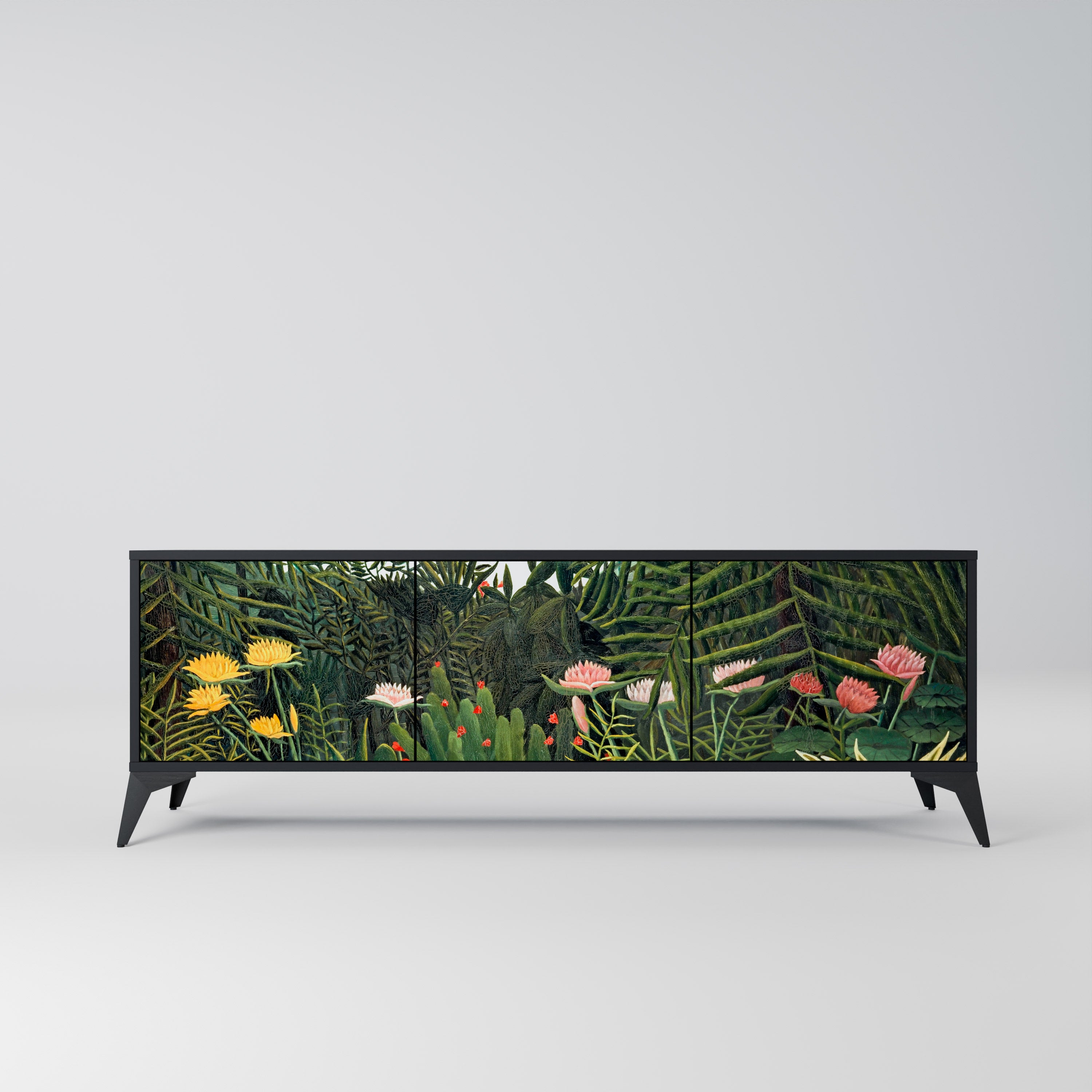 Mueble de TV de 3 puertas VIRGIN FOREST WITH SUNSET en acabado negro