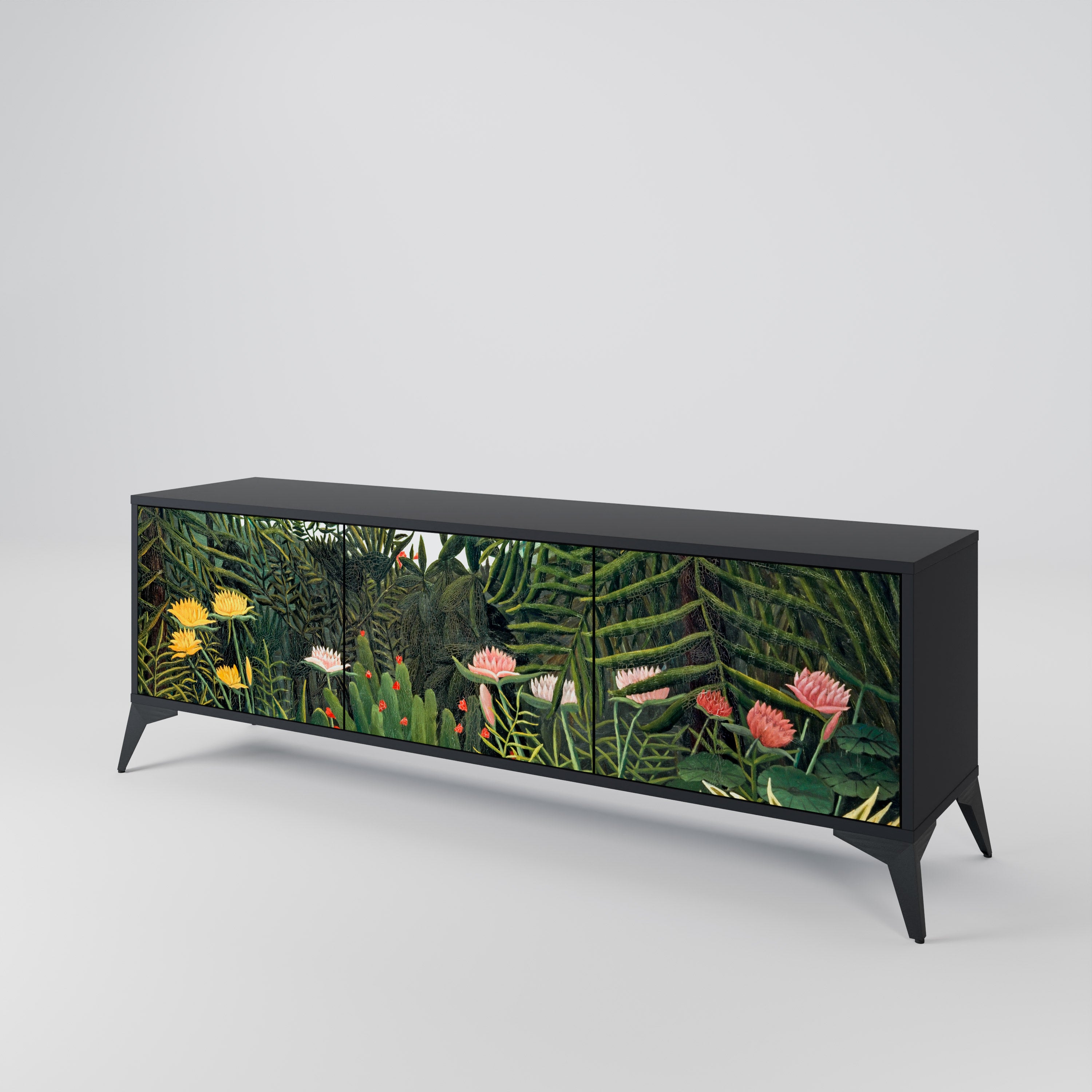 Mueble de TV de 3 puertas VIRGIN FOREST WITH SUNSET en acabado negro