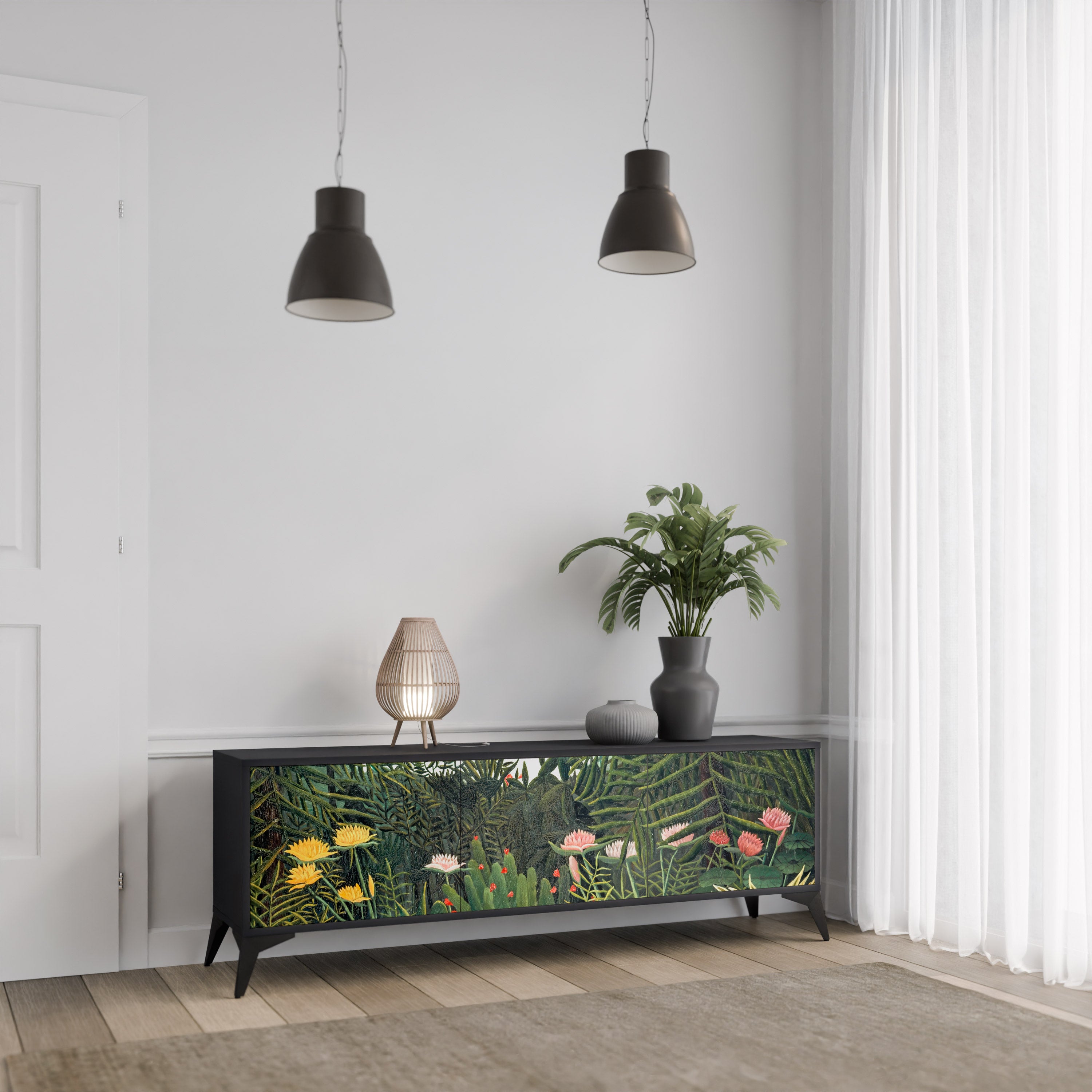 Mueble de TV de 3 puertas VIRGIN FOREST WITH SUNSET en acabado negro
