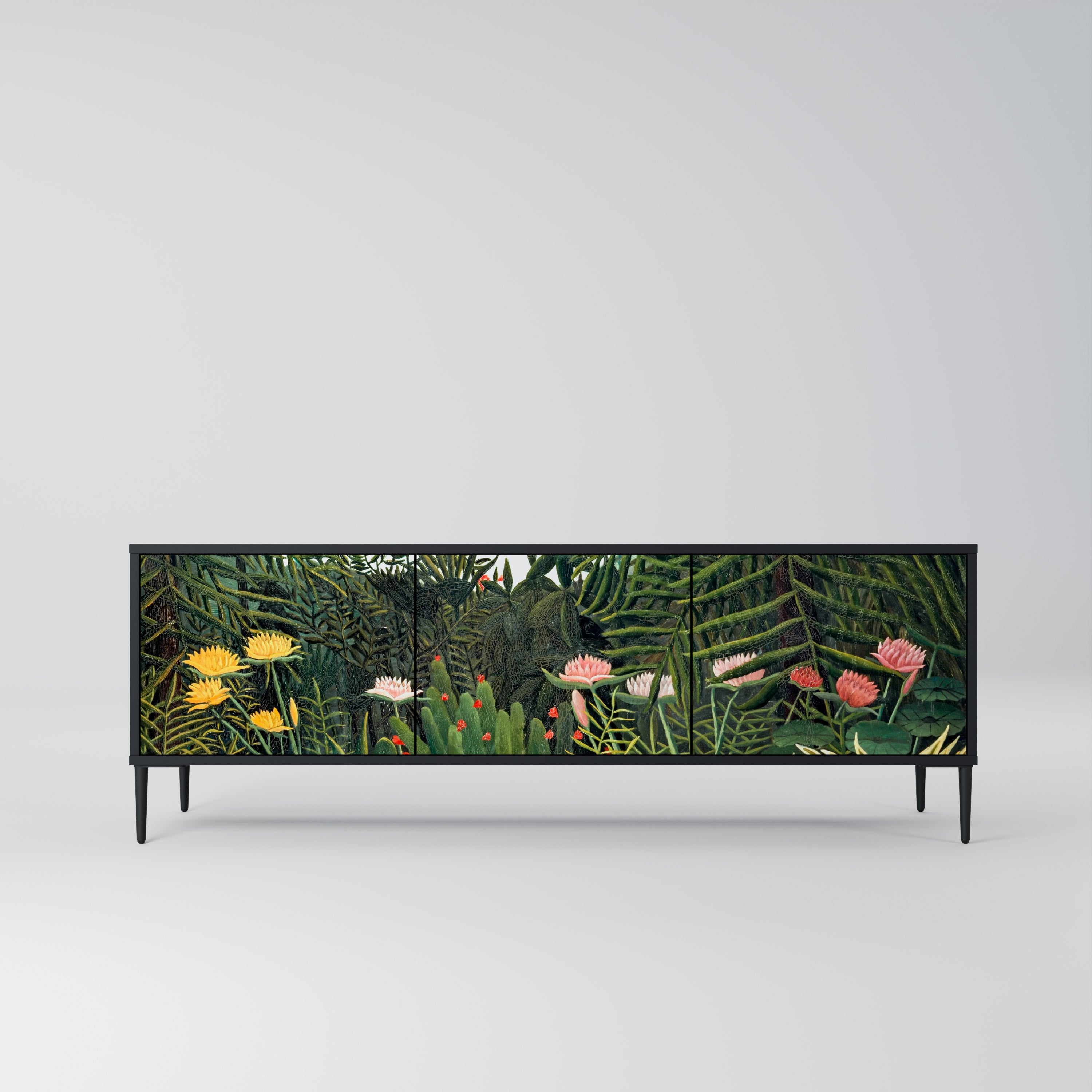 Mueble de TV de 3 puertas VIRGIN FOREST WITH SUNSET en acabado negro