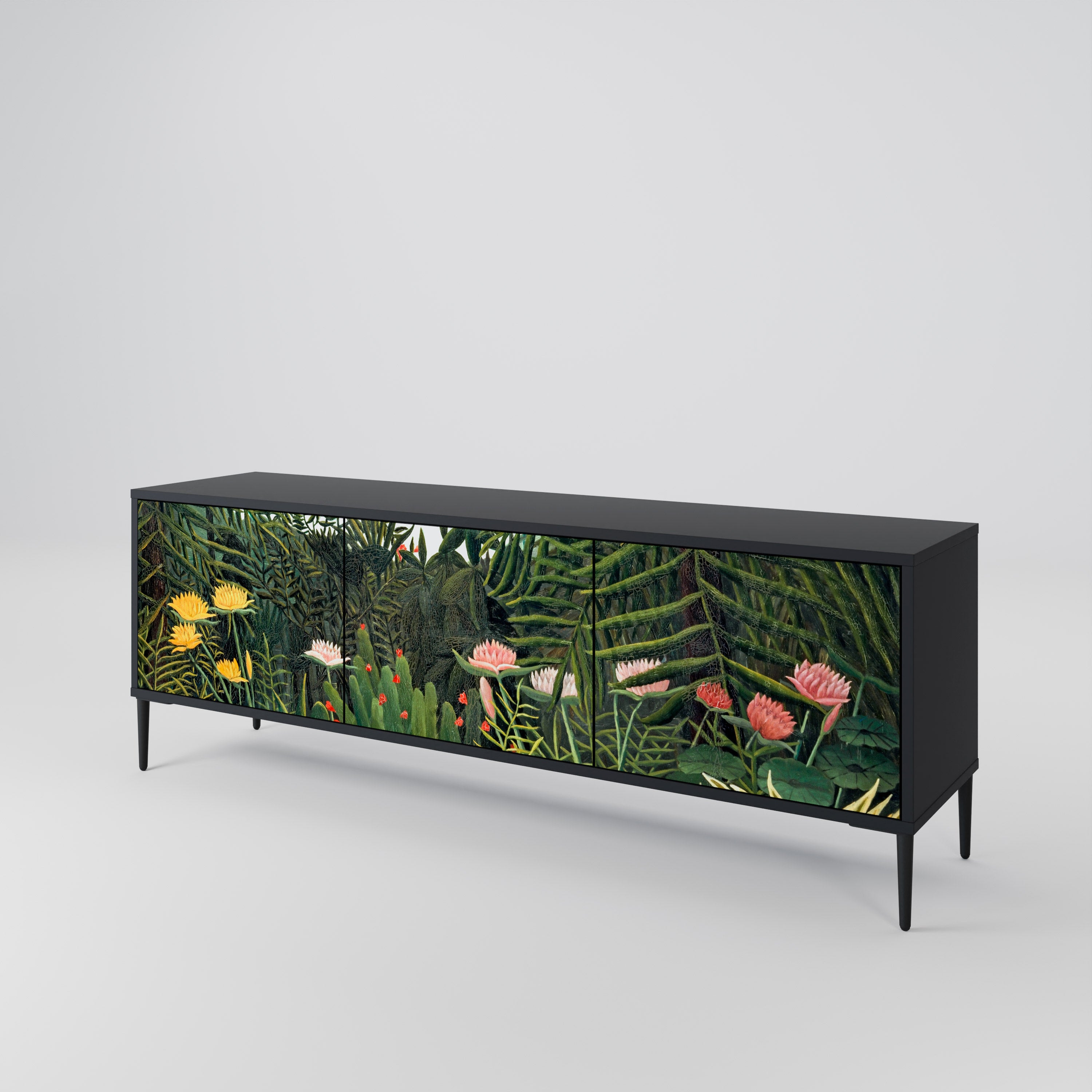 Mueble de TV de 3 puertas VIRGIN FOREST WITH SUNSET en acabado negro