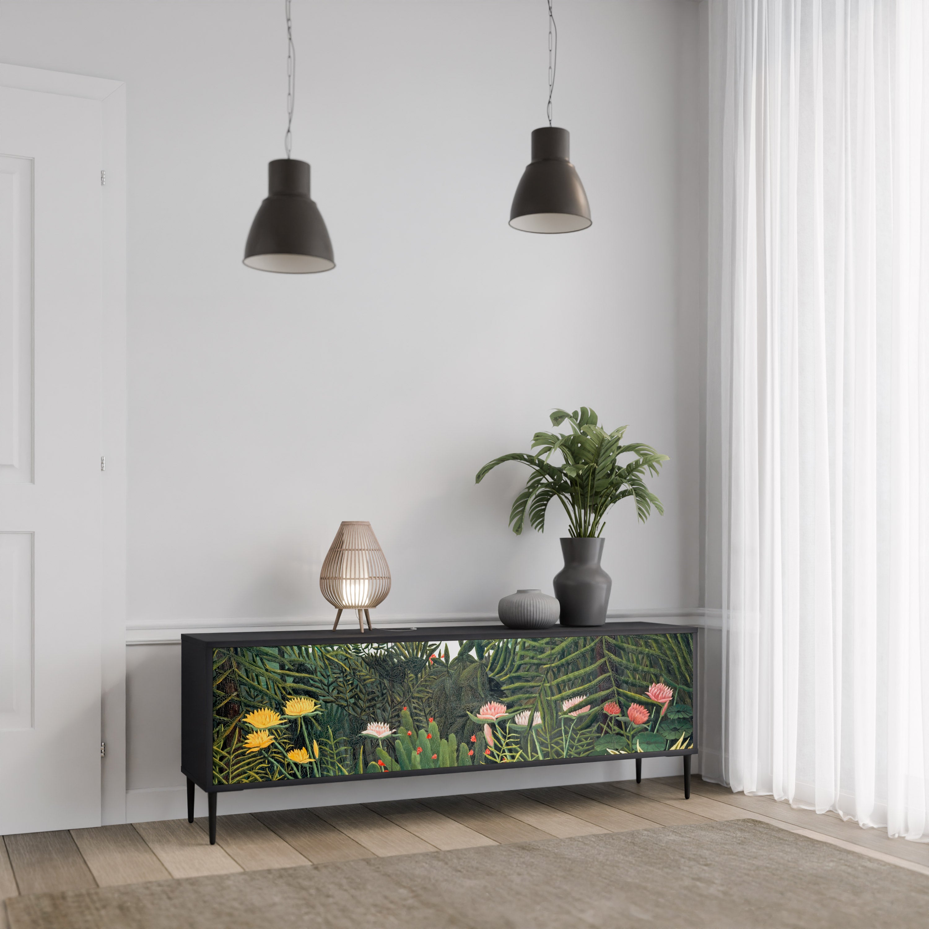 Mueble de TV de 3 puertas VIRGIN FOREST WITH SUNSET en acabado negro