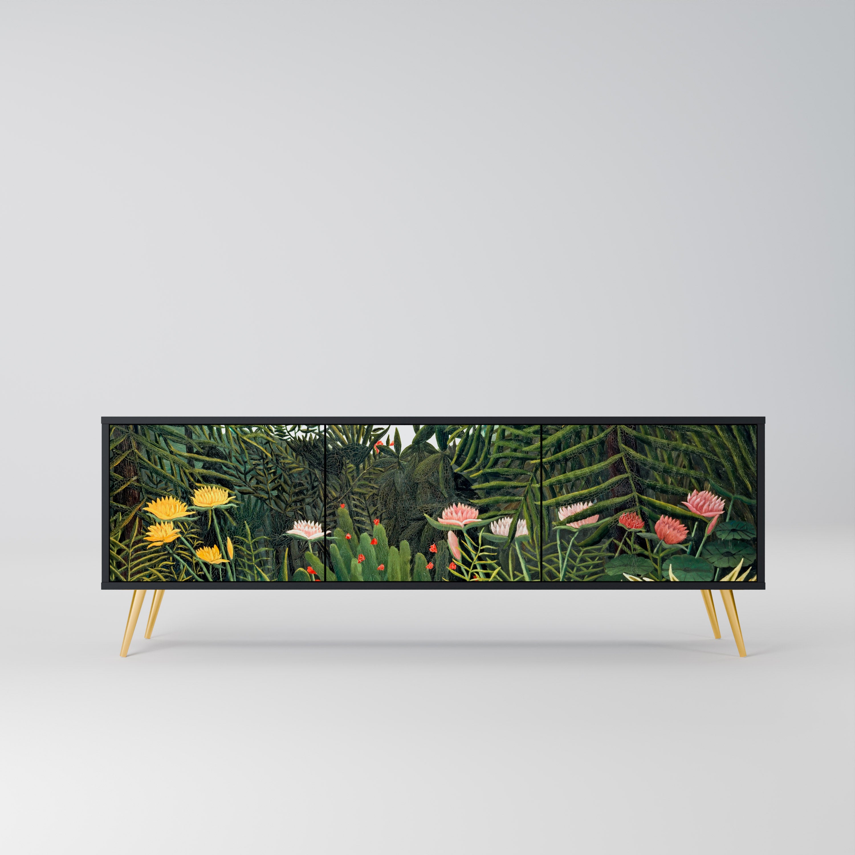 Mueble de TV de 3 puertas VIRGIN FOREST WITH SUNSET en acabado negro