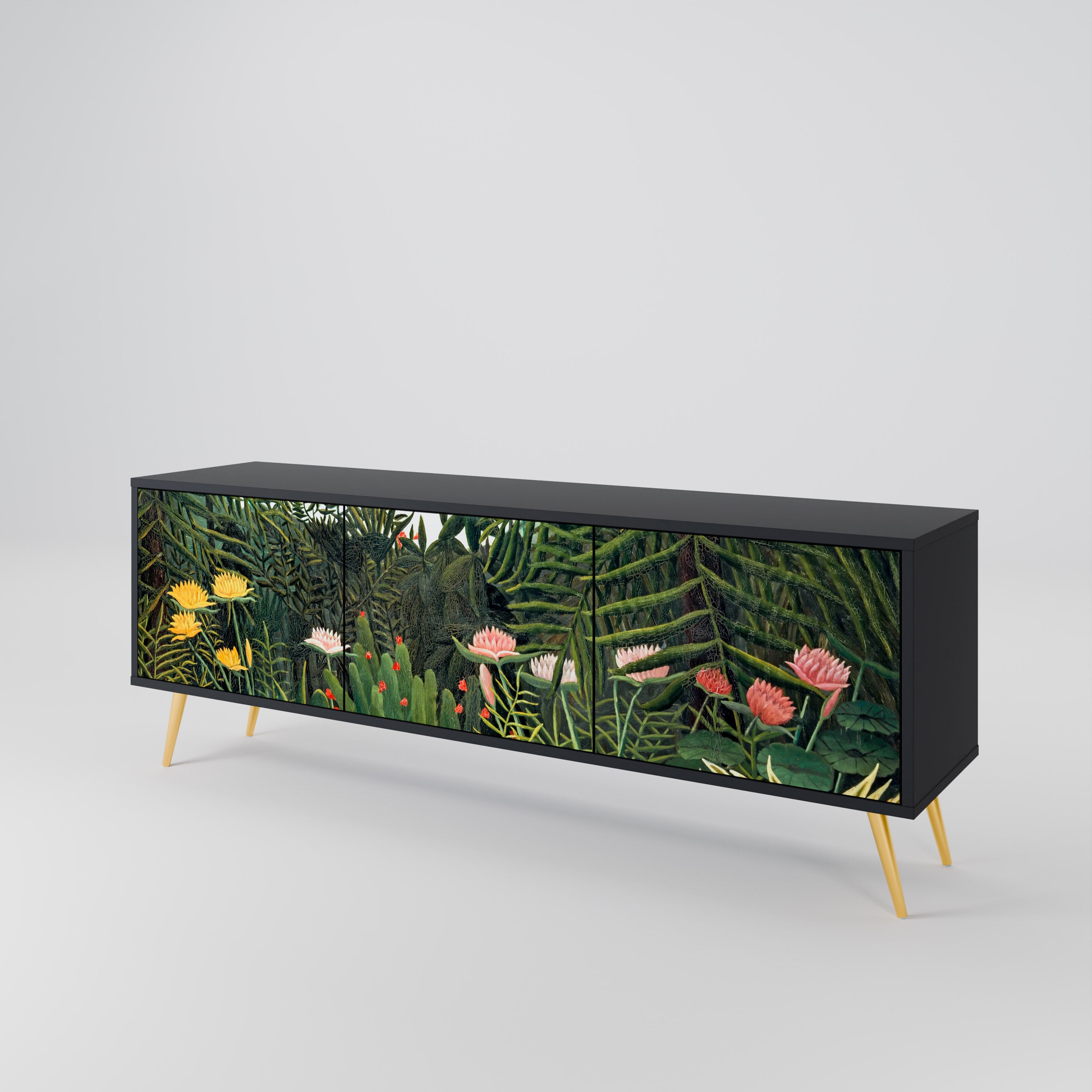 Mueble de TV de 3 puertas VIRGIN FOREST WITH SUNSET en acabado negro