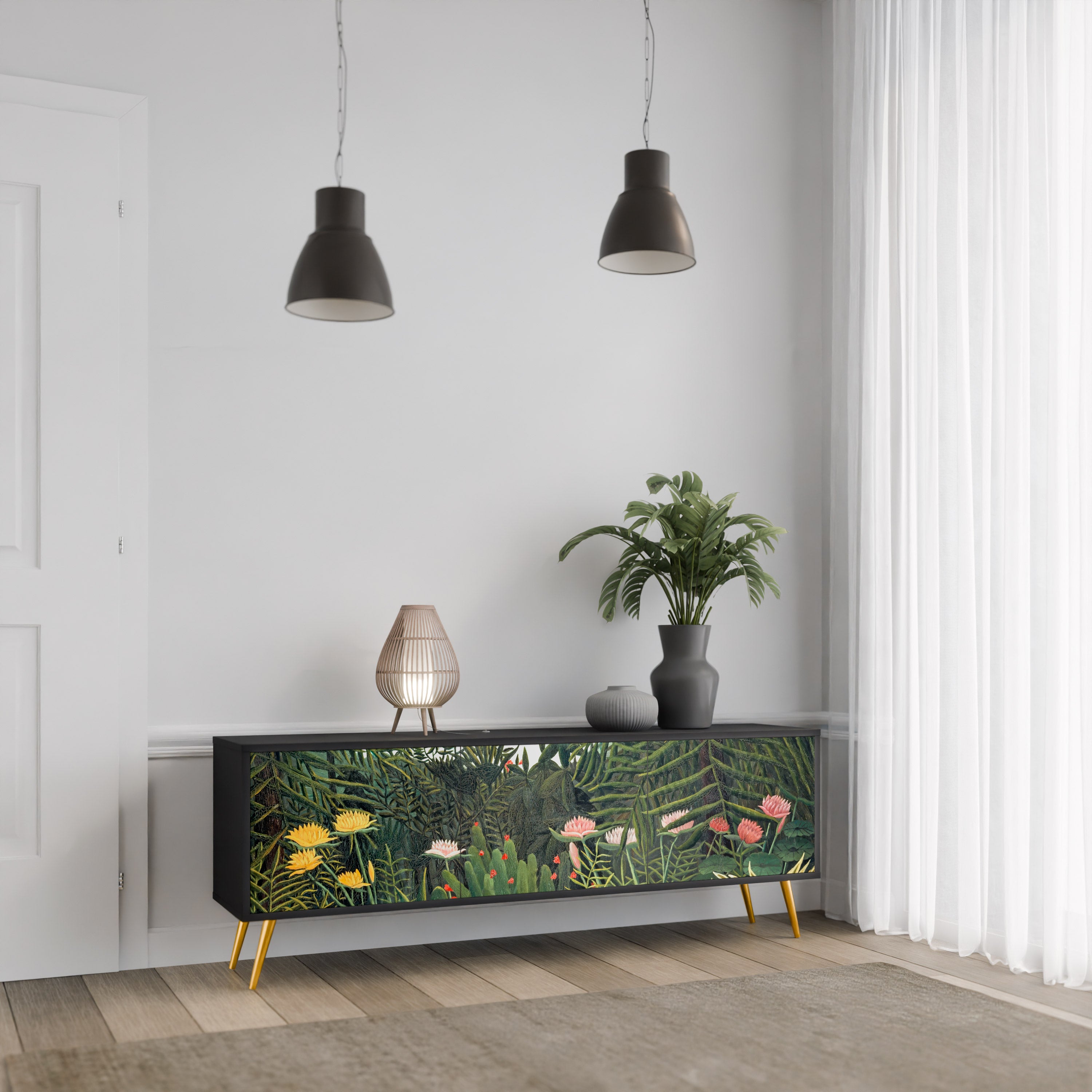Mueble de TV de 3 puertas VIRGIN FOREST WITH SUNSET en acabado negro