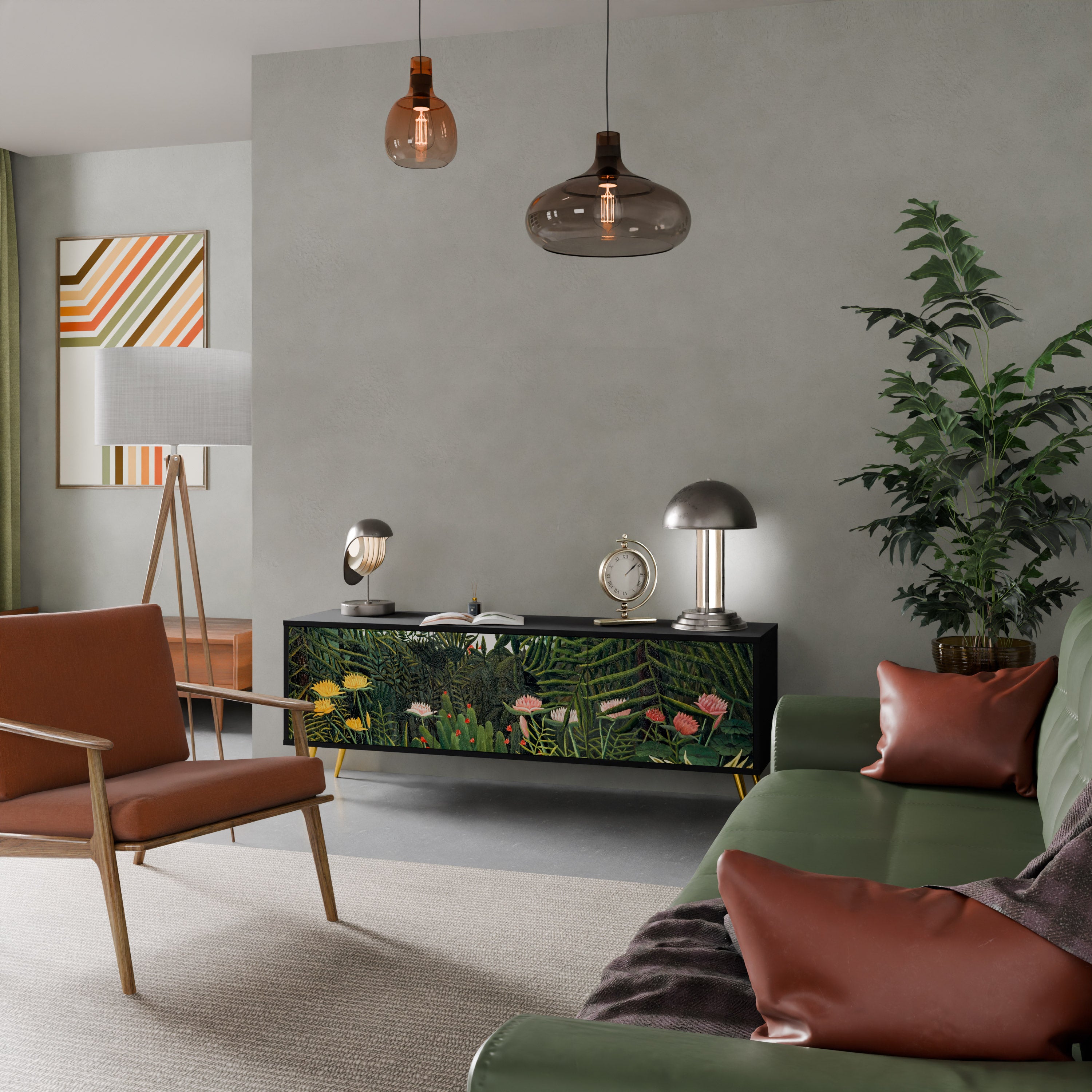 Mueble de TV de 3 puertas VIRGIN FOREST WITH SUNSET en acabado negro