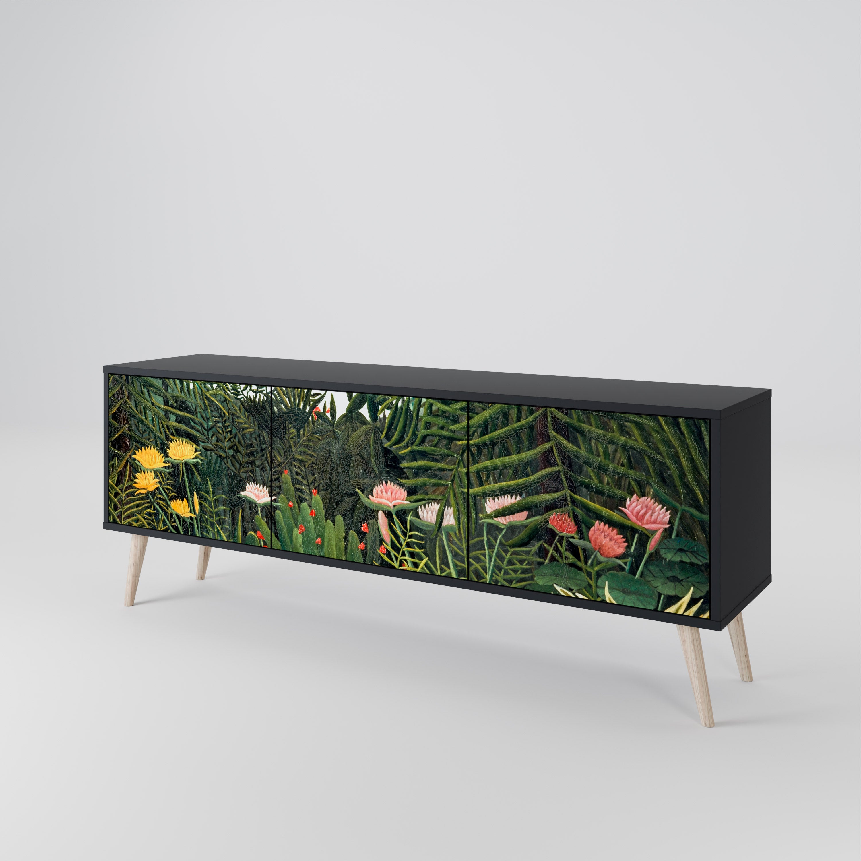Mueble de TV de 3 puertas VIRGIN FOREST WITH SUNSET en acabado negro
