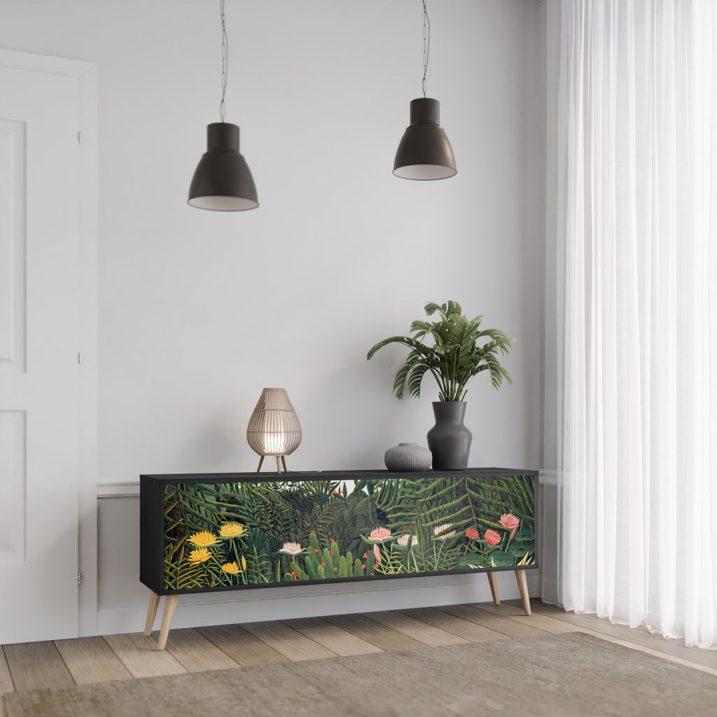 Mueble de TV de 3 puertas VIRGIN FOREST WITH SUNSET en acabado negro