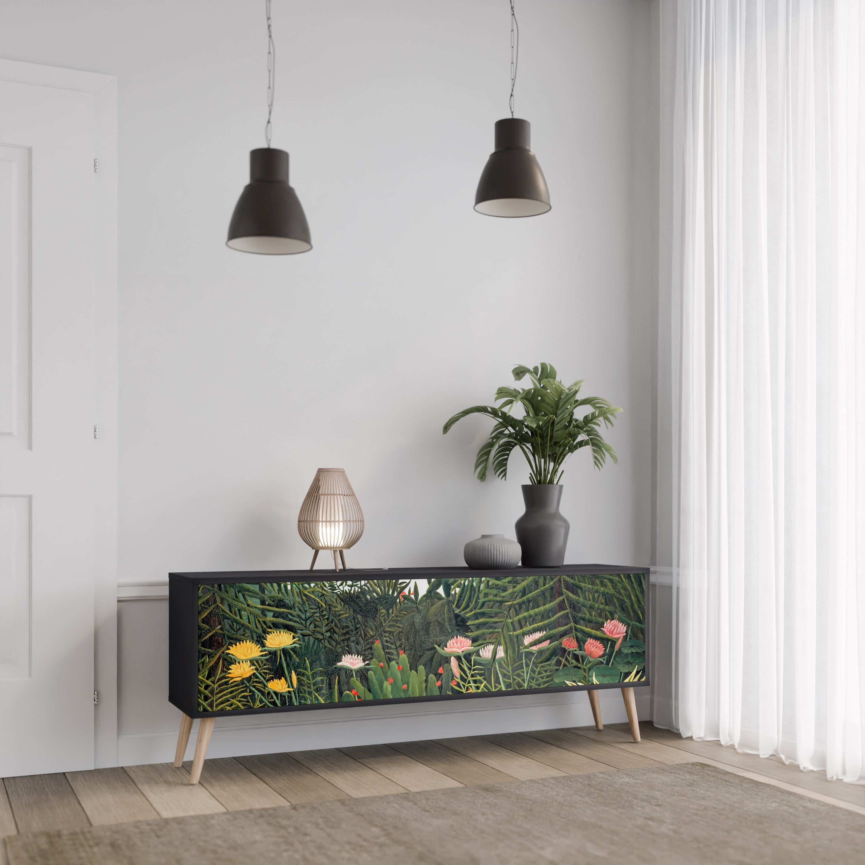 Mueble de TV de 3 puertas VIRGIN FOREST WITH SUNSET en acabado negro