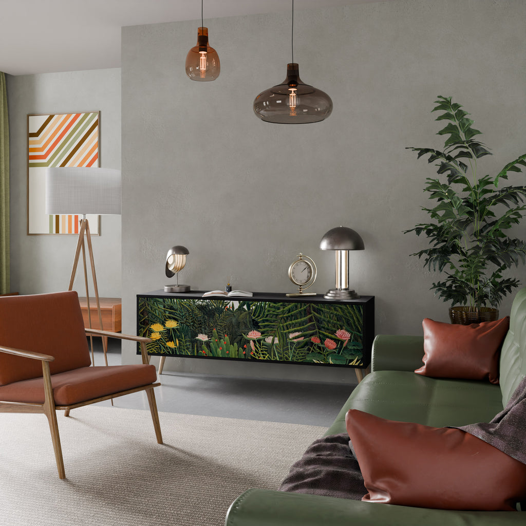 Mueble de TV de 3 puertas VIRGIN FOREST WITH SUNSET en acabado negro