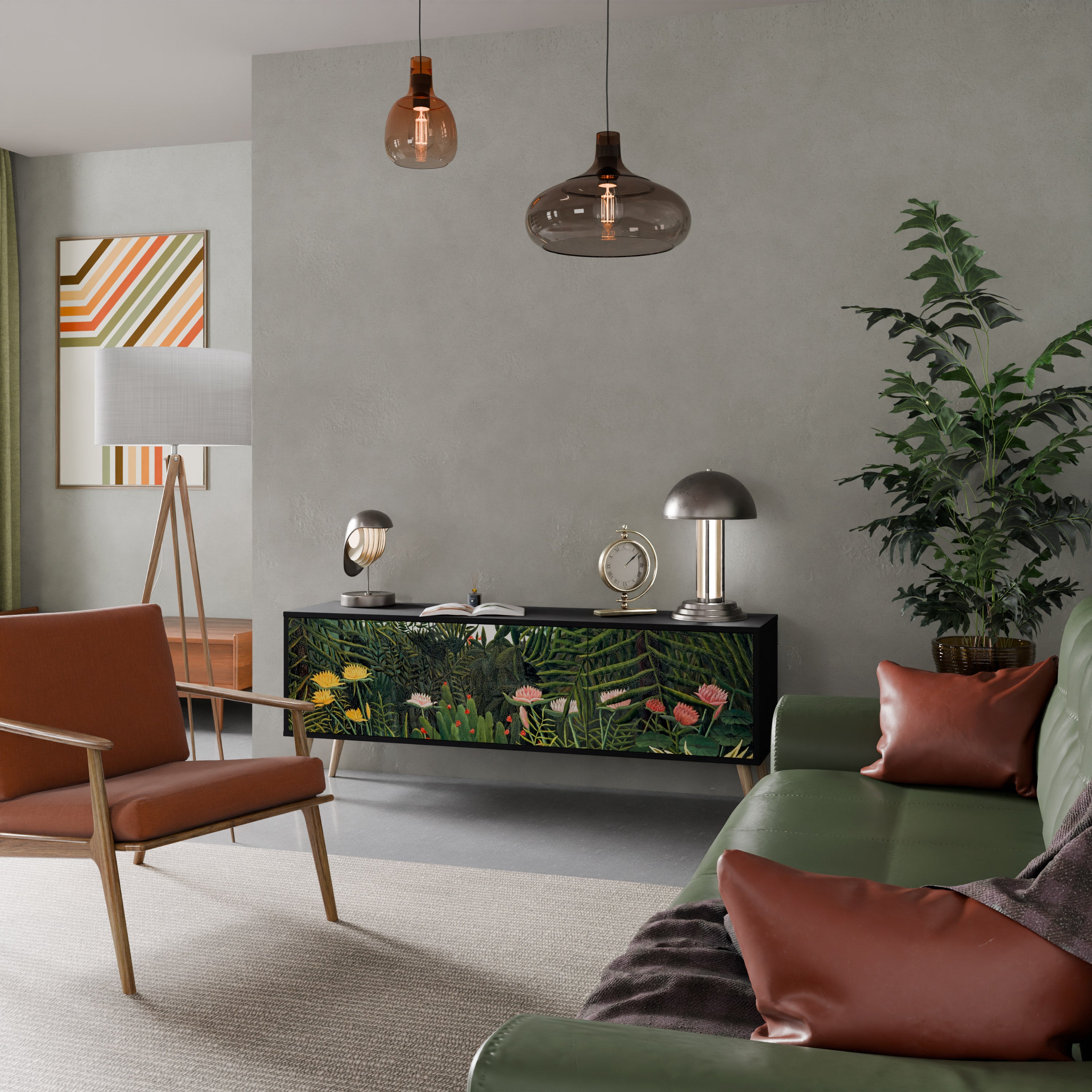Mueble de TV de 3 puertas VIRGIN FOREST WITH SUNSET en acabado negro