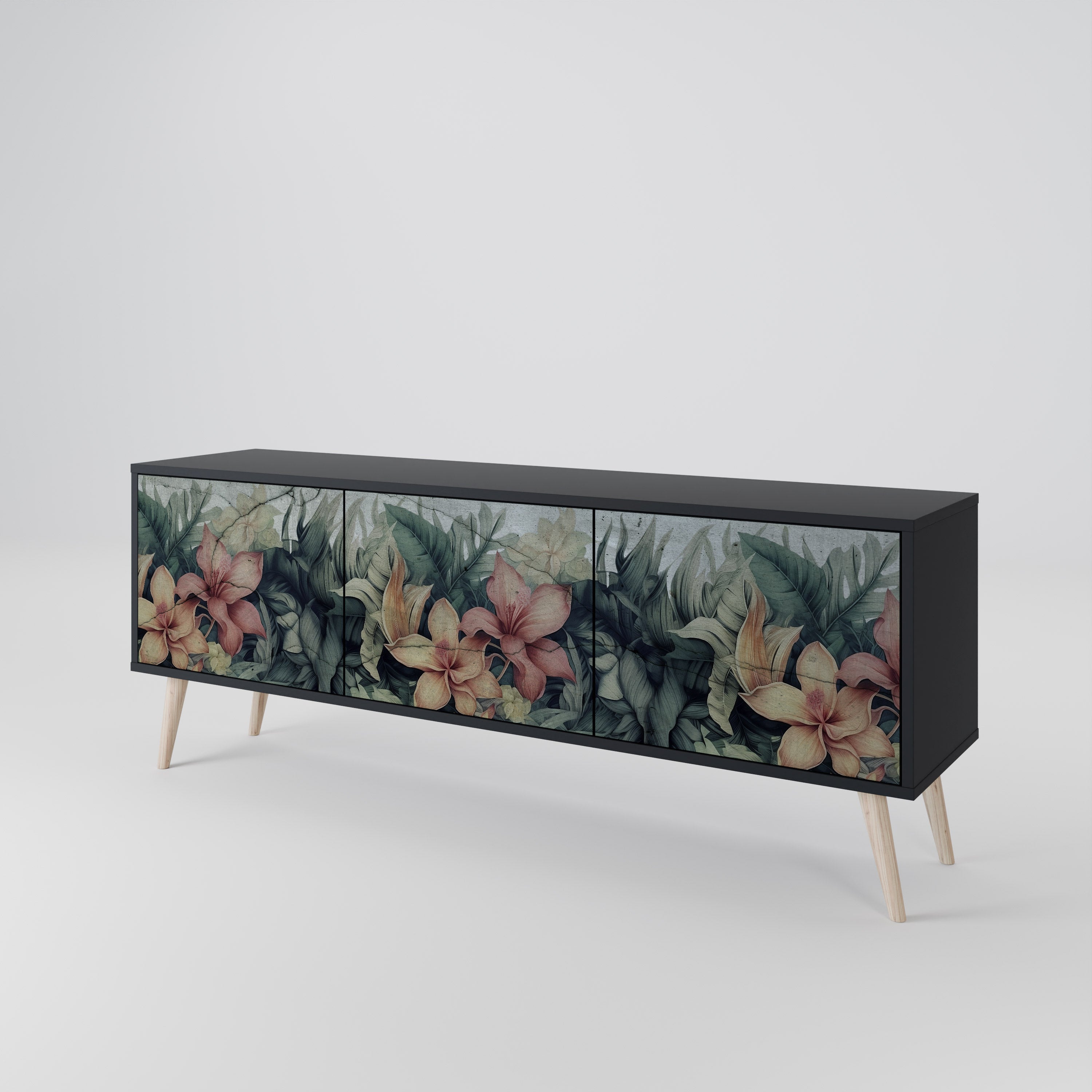 HEAVENLY BLOOM 3-Door TV Stand in Black Finish