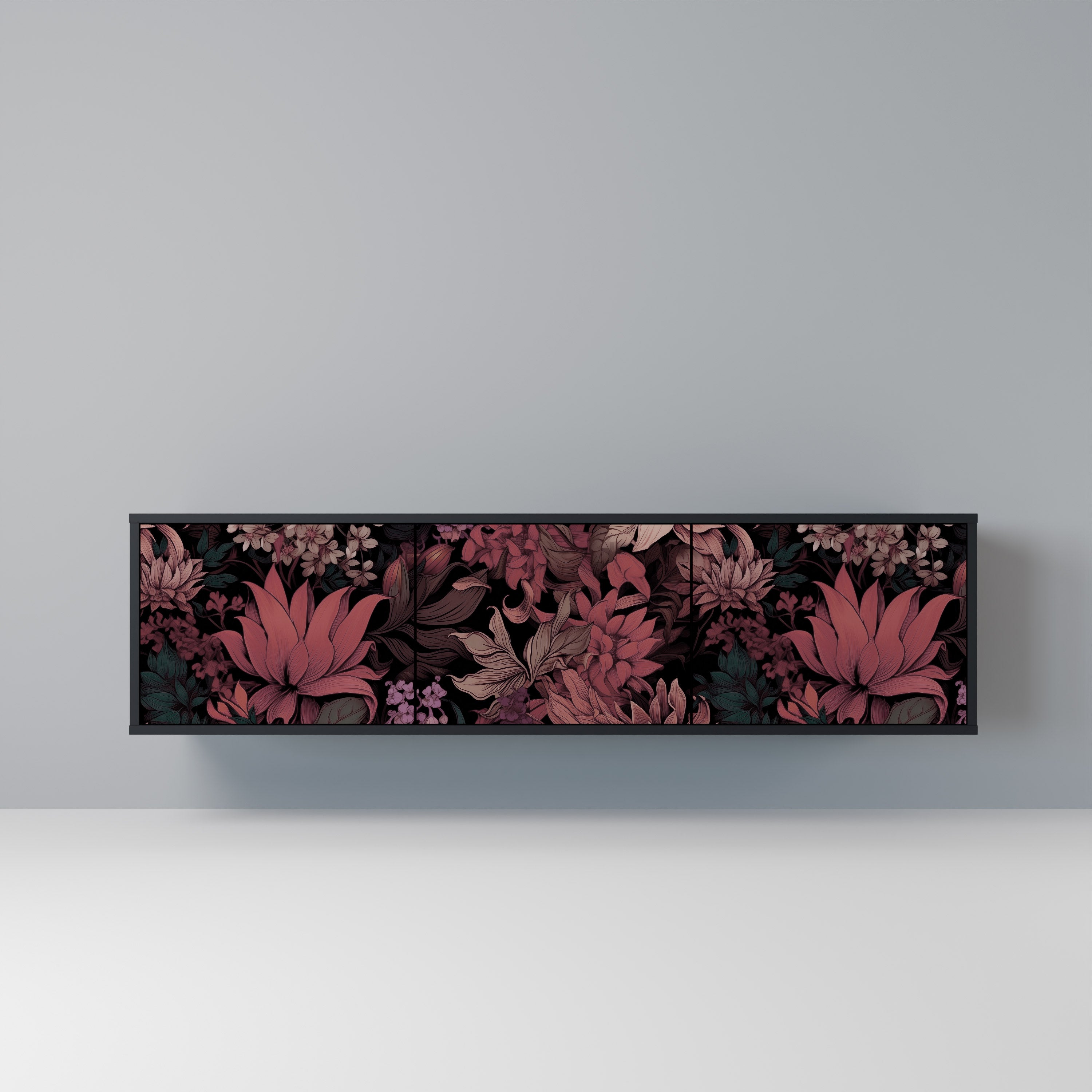 FLORAL WHISPER 3-Door TV Stand in Black Finish