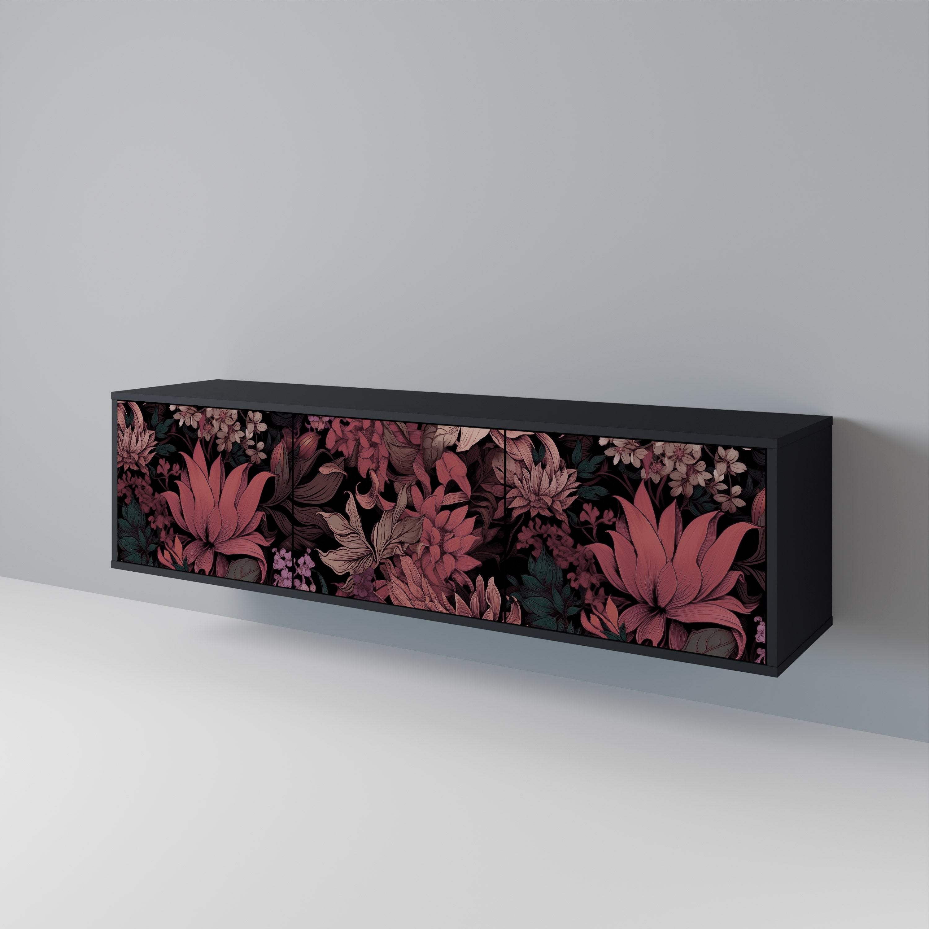 FLORAL WHISPER 3-Door TV Stand in Black Finish
