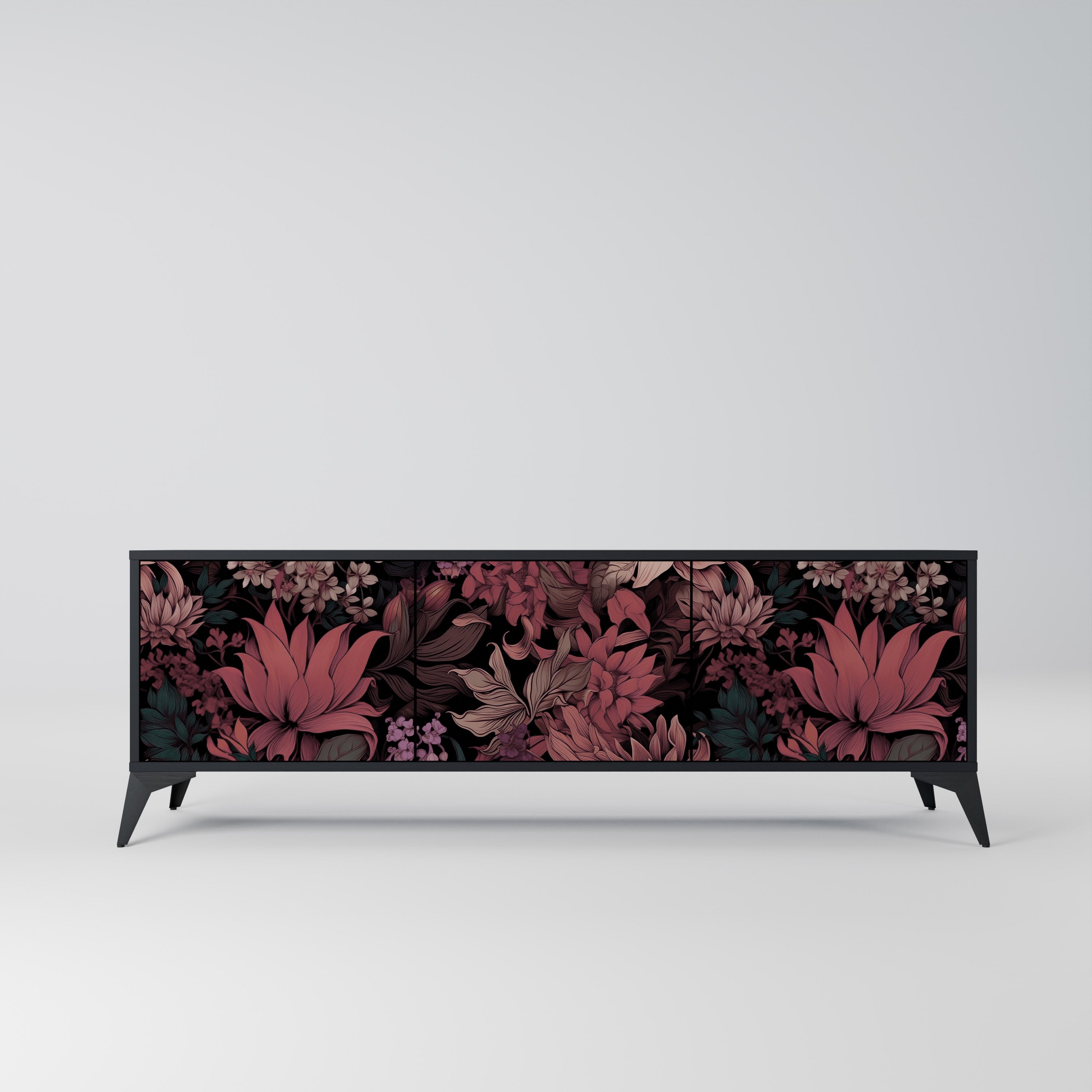 FLORAL WHISPER 3-Door TV Stand in Black Finish