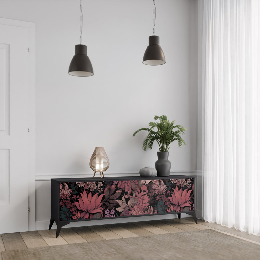 FLORAL WHISPER 3-Door TV Stand in Black Finish