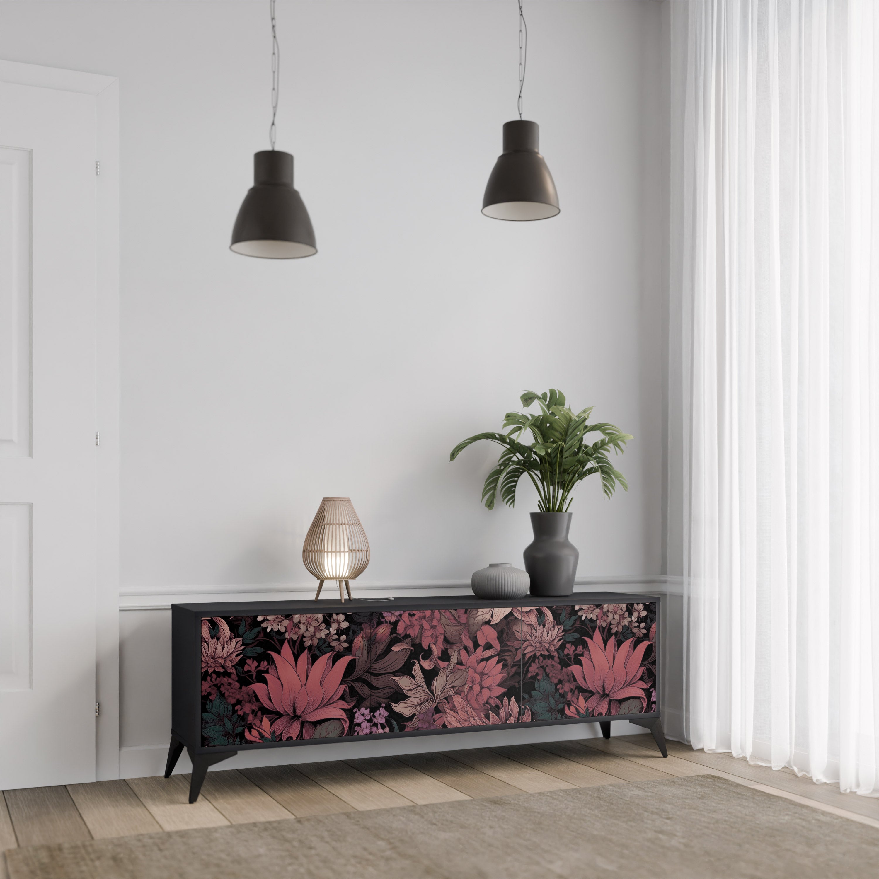 FLORAL WHISPER 3-Door TV Stand in Black Finish