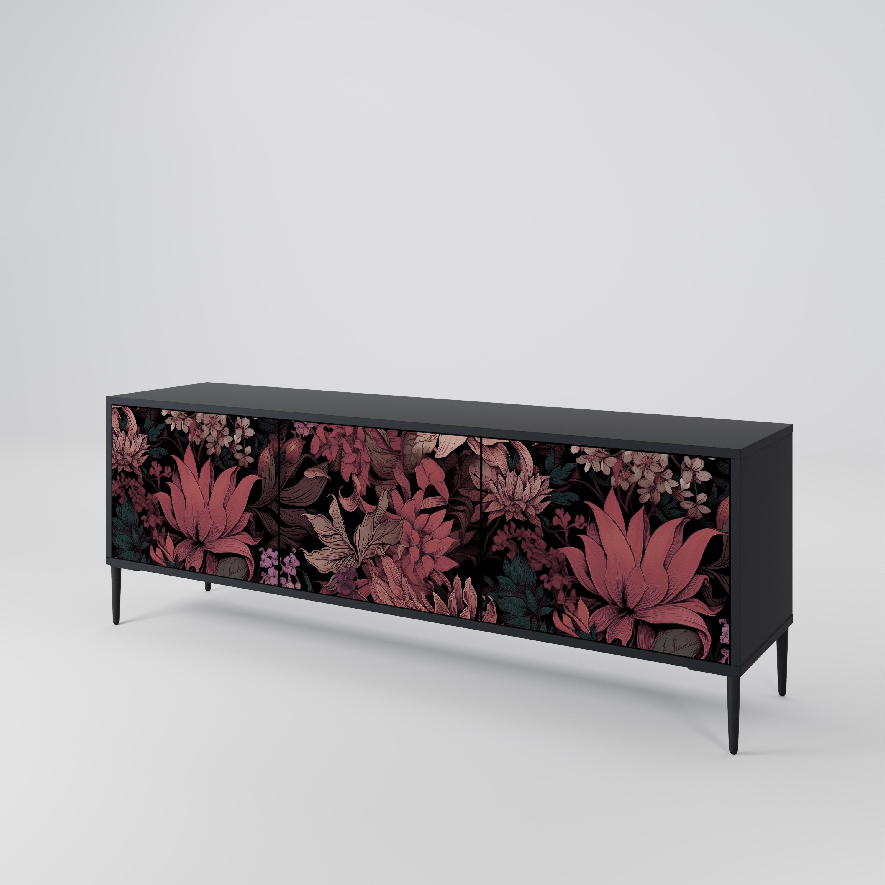 FLORAL WHISPER 3-Door TV Stand in Black Finish