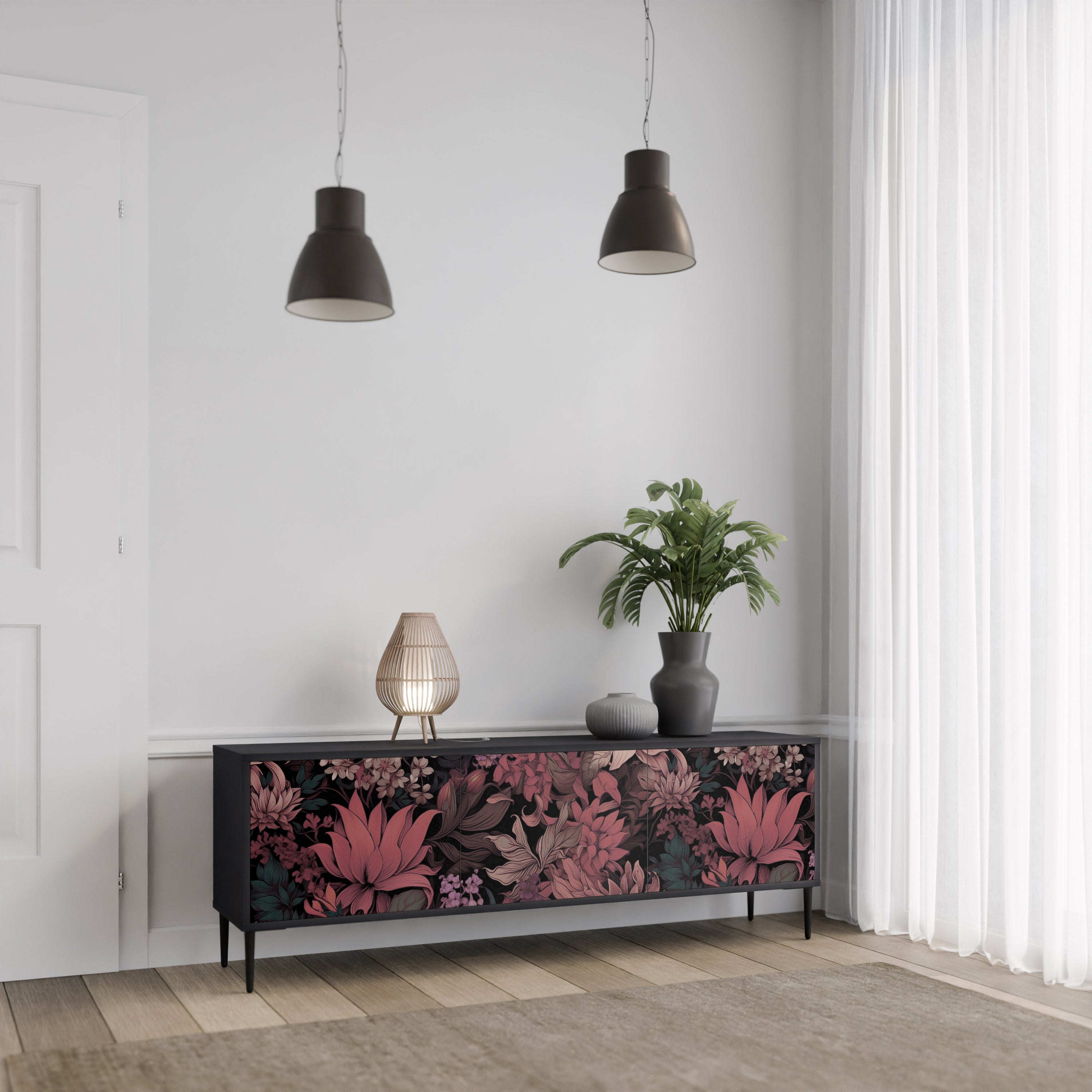 FLORAL WHISPER 3-Door TV Stand in Black Finish