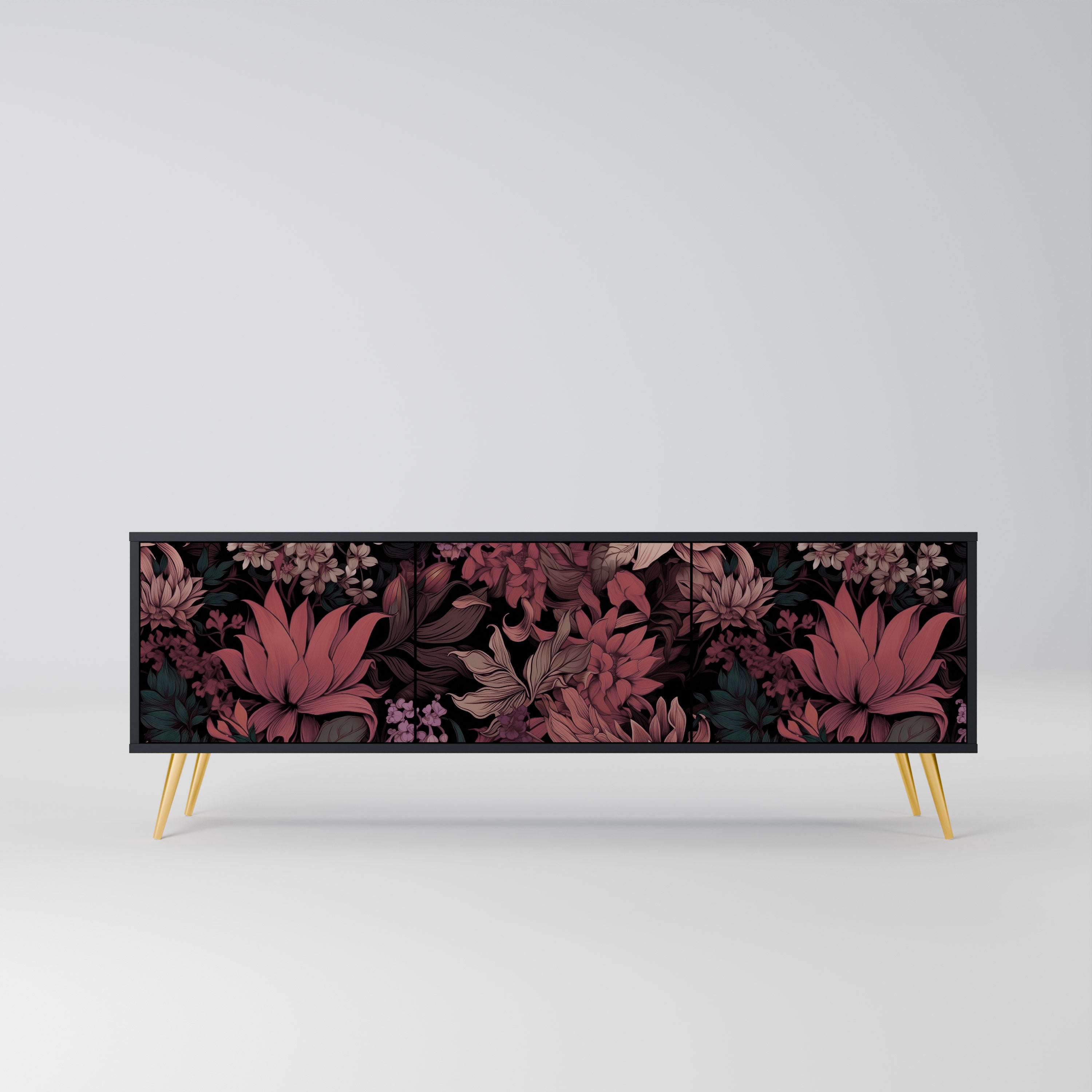 FLORAL WHISPER 3-Door TV Stand in Black Finish